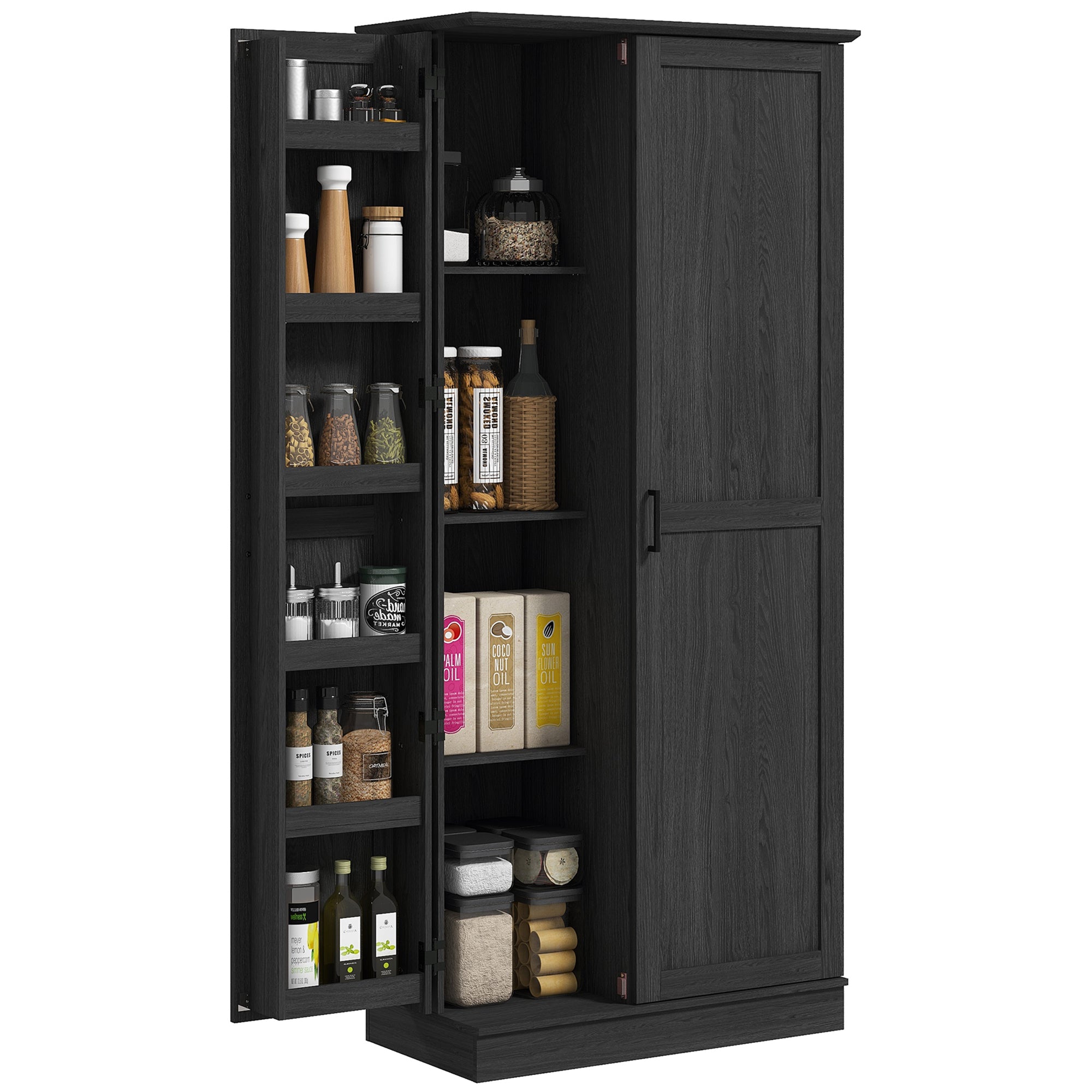 70" Kitchen Pantry Cabinet - Black Wood Grain Shelves Adjustable, Anti-Tipping-DECOROLALA