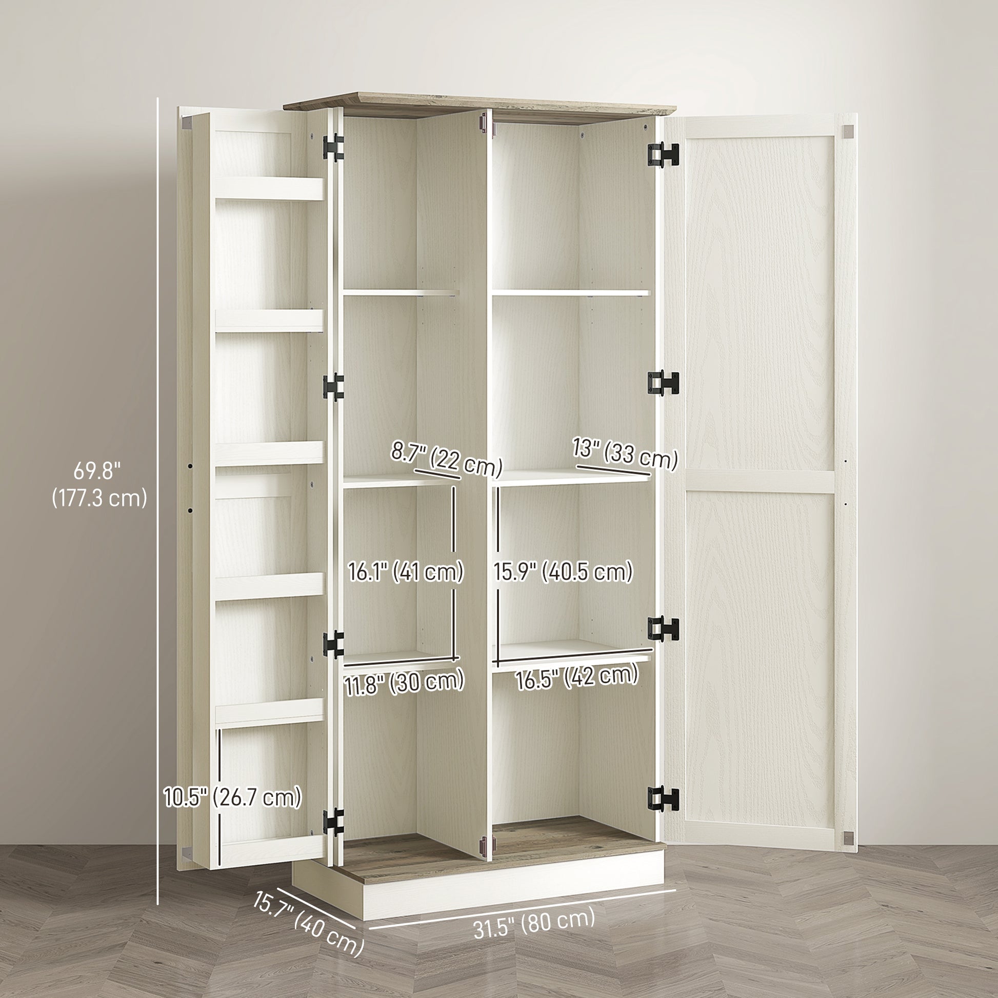 70" Kitchen Pantry Cabinet, Cream White with Shelves and Safety Design-DECOROLALA