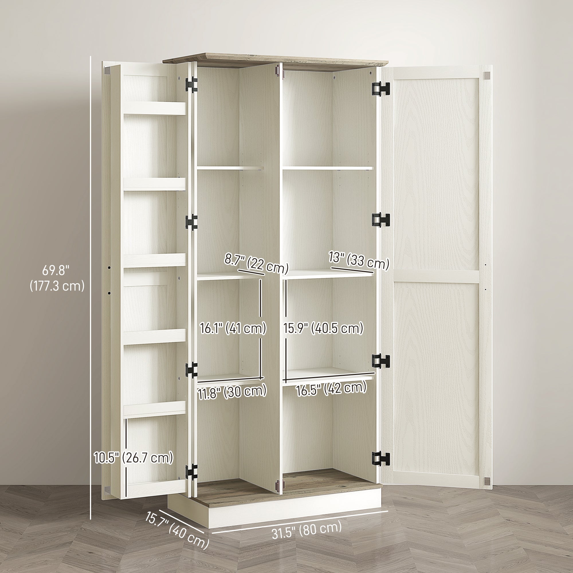 70" Kitchen Pantry Cabinet, Cream White with Shelves and Safety Design-DECOROLALA