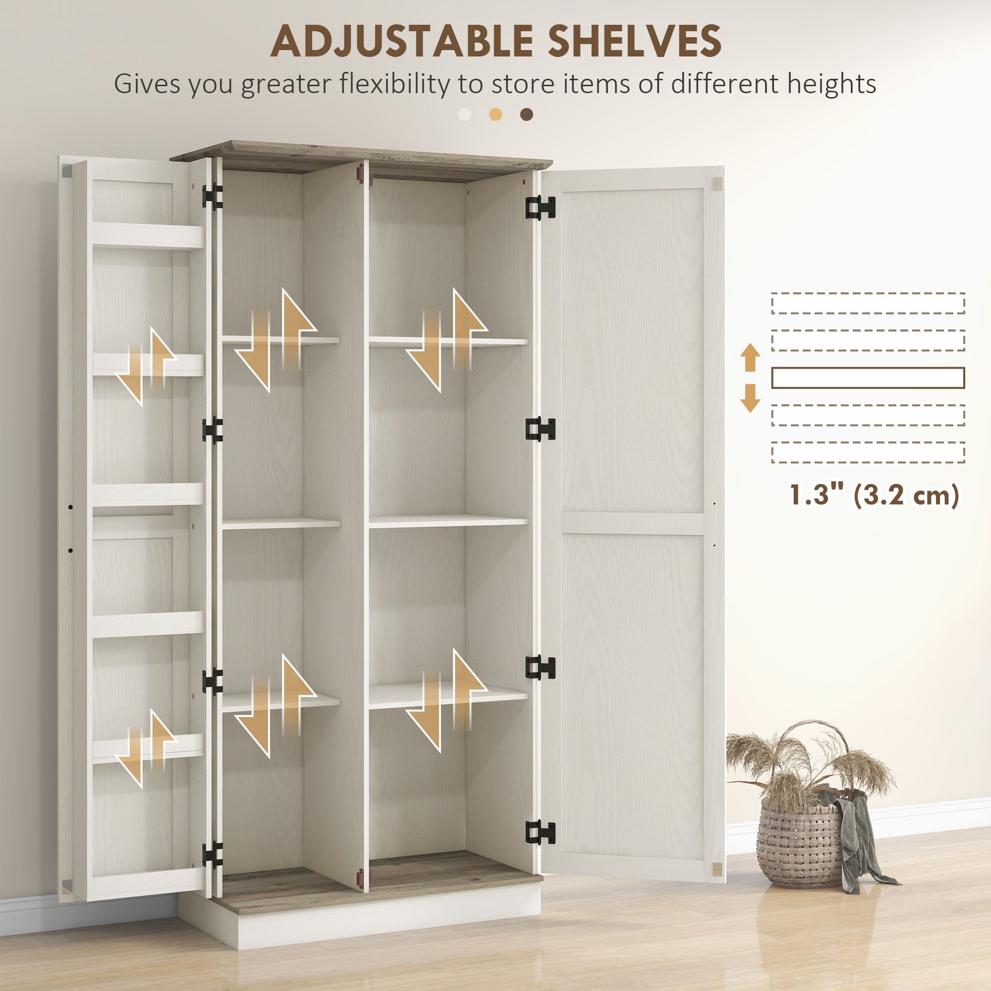 70" Kitchen Pantry Cabinet, Cream White with Shelves and Safety Design-DECOROLALA