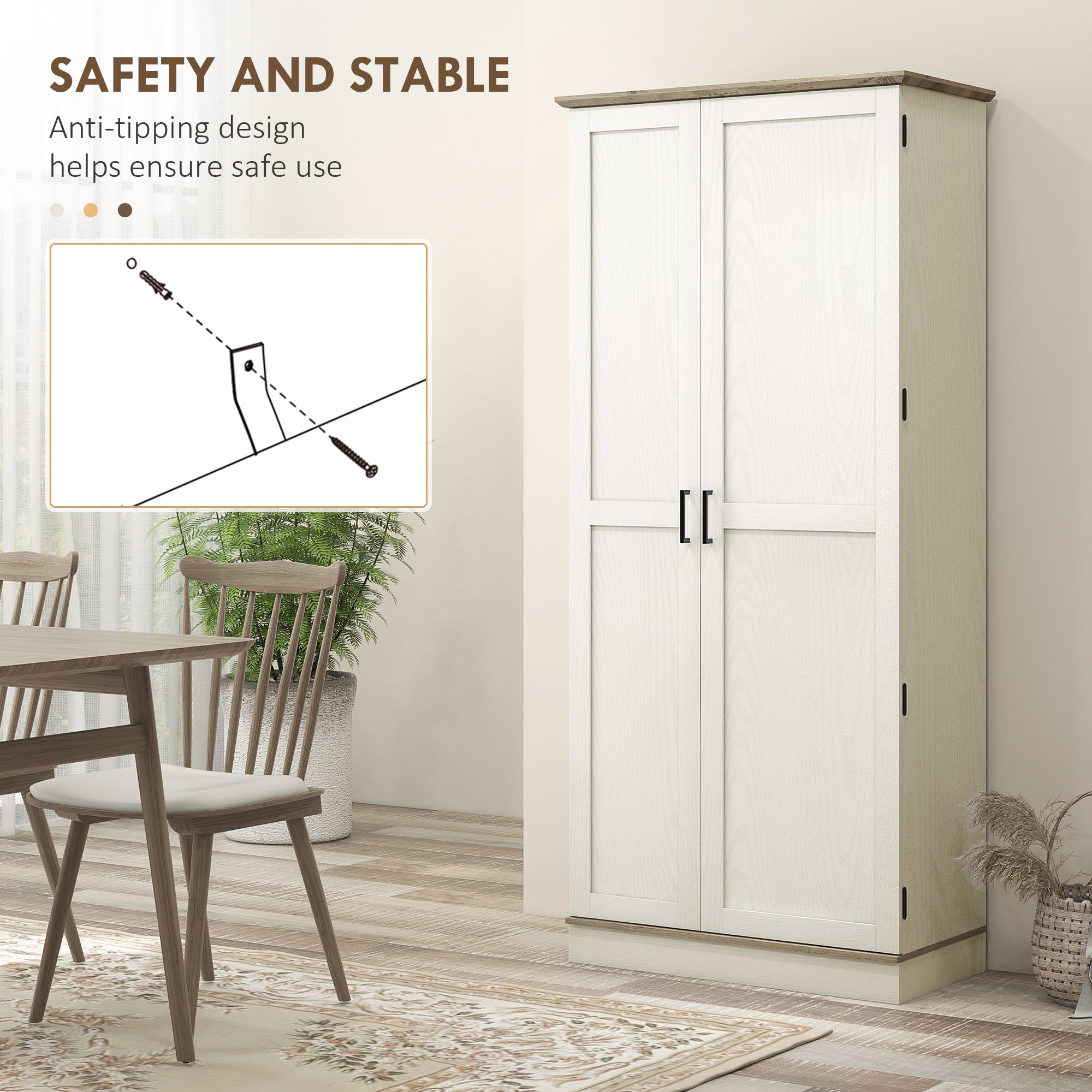 70" Kitchen Pantry Cabinet, Cream White with Shelves and Safety Design-DECOROLALA