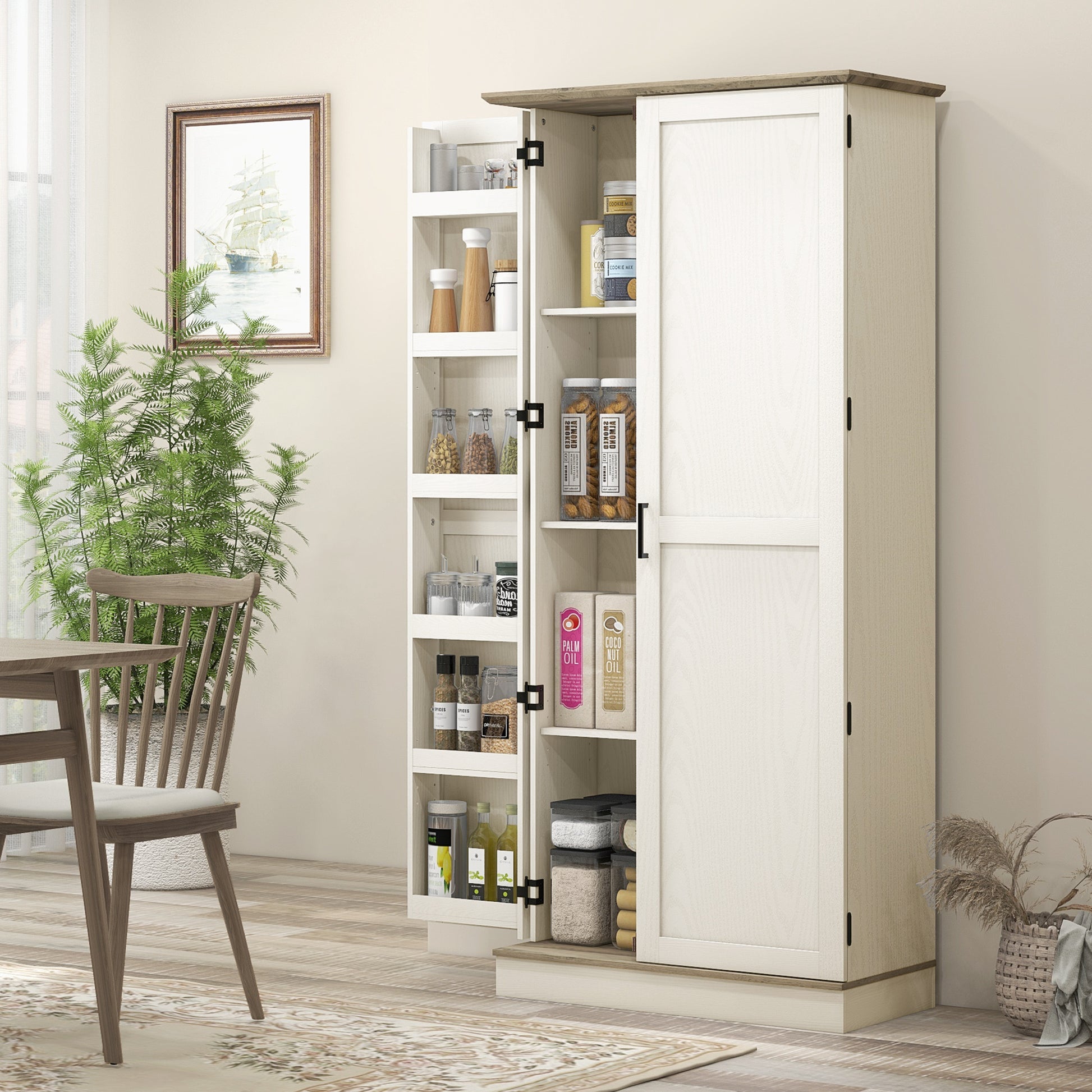 70" Kitchen Pantry Cabinet, Cream White with Shelves and Safety Design-DECOROLALA