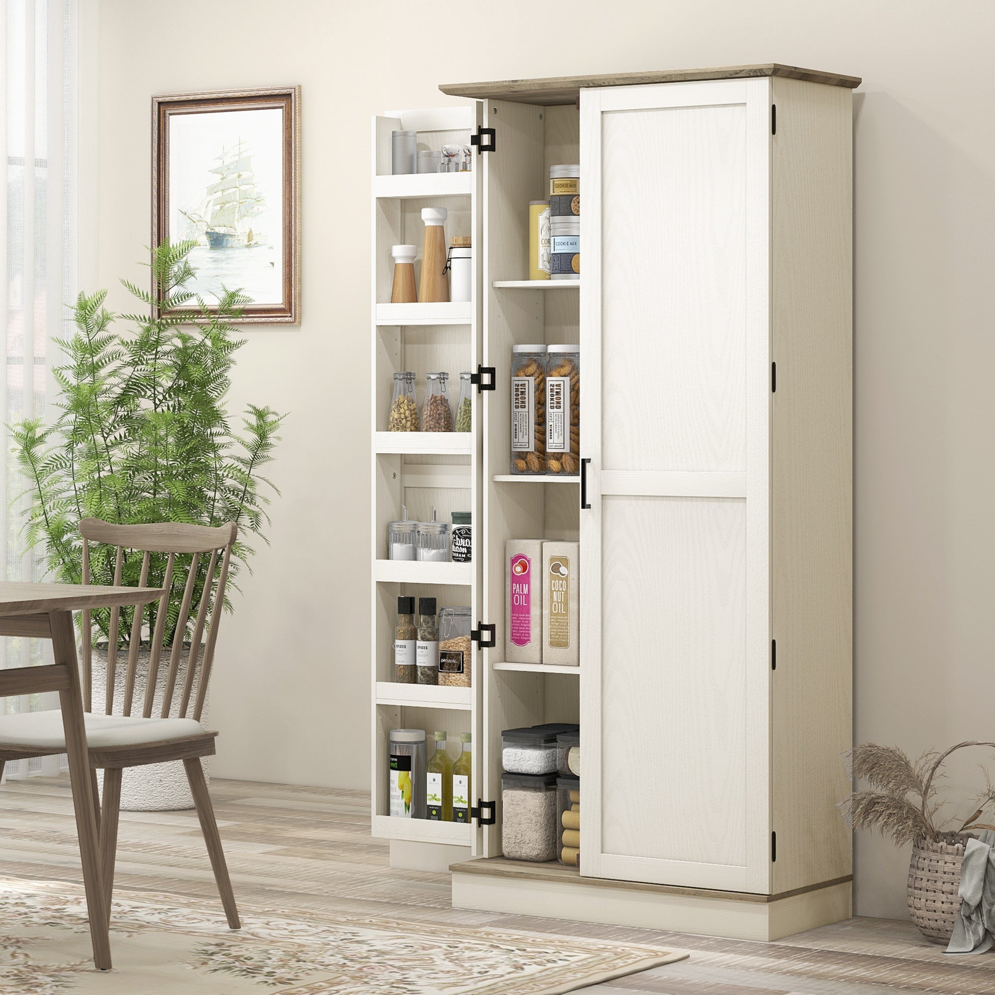 70" Kitchen Pantry Cabinet, Cream White with Shelves and Safety Design-DECOROLALA
