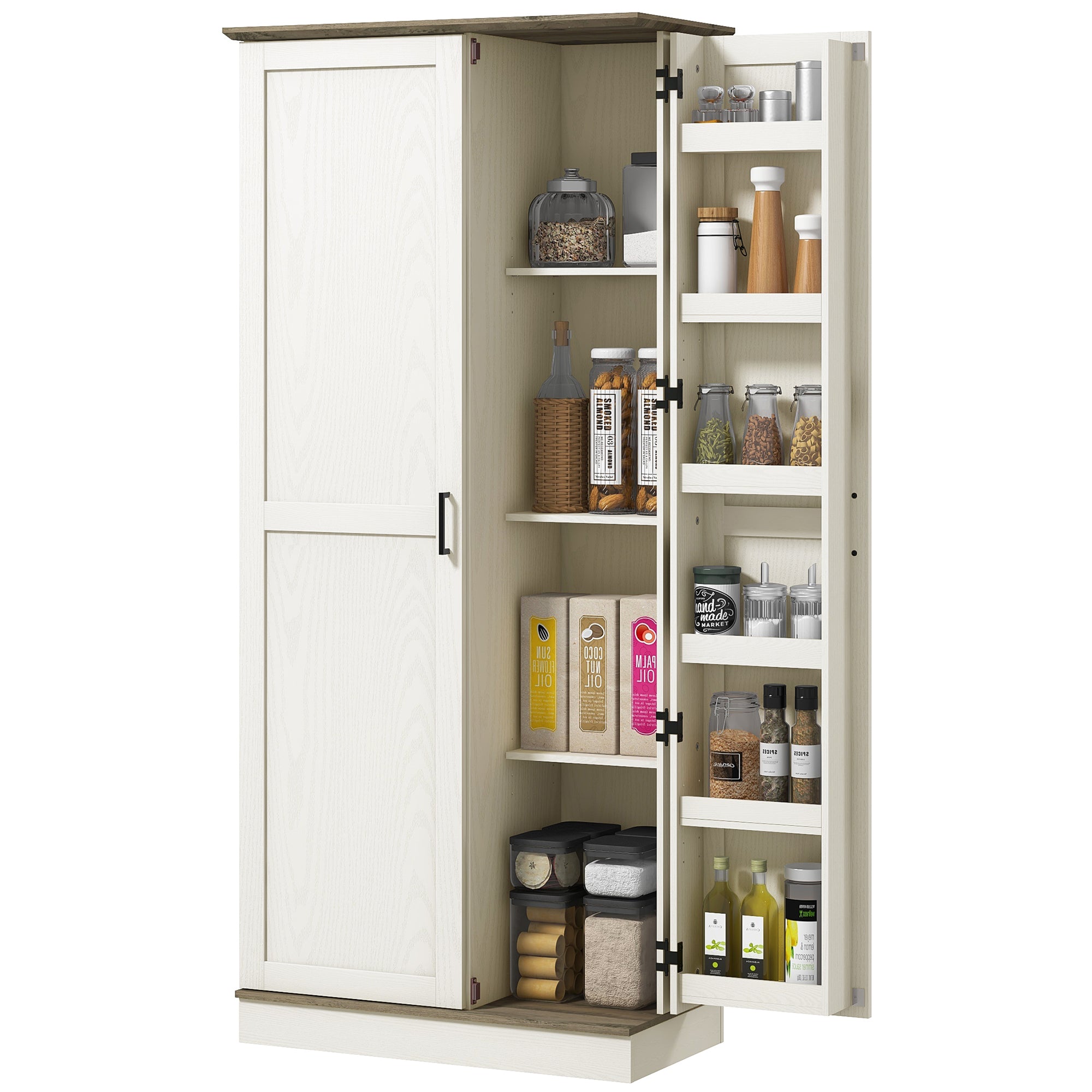 70" Kitchen Pantry Cabinet, Cream White with Shelves and Safety Design-DECOROLALA