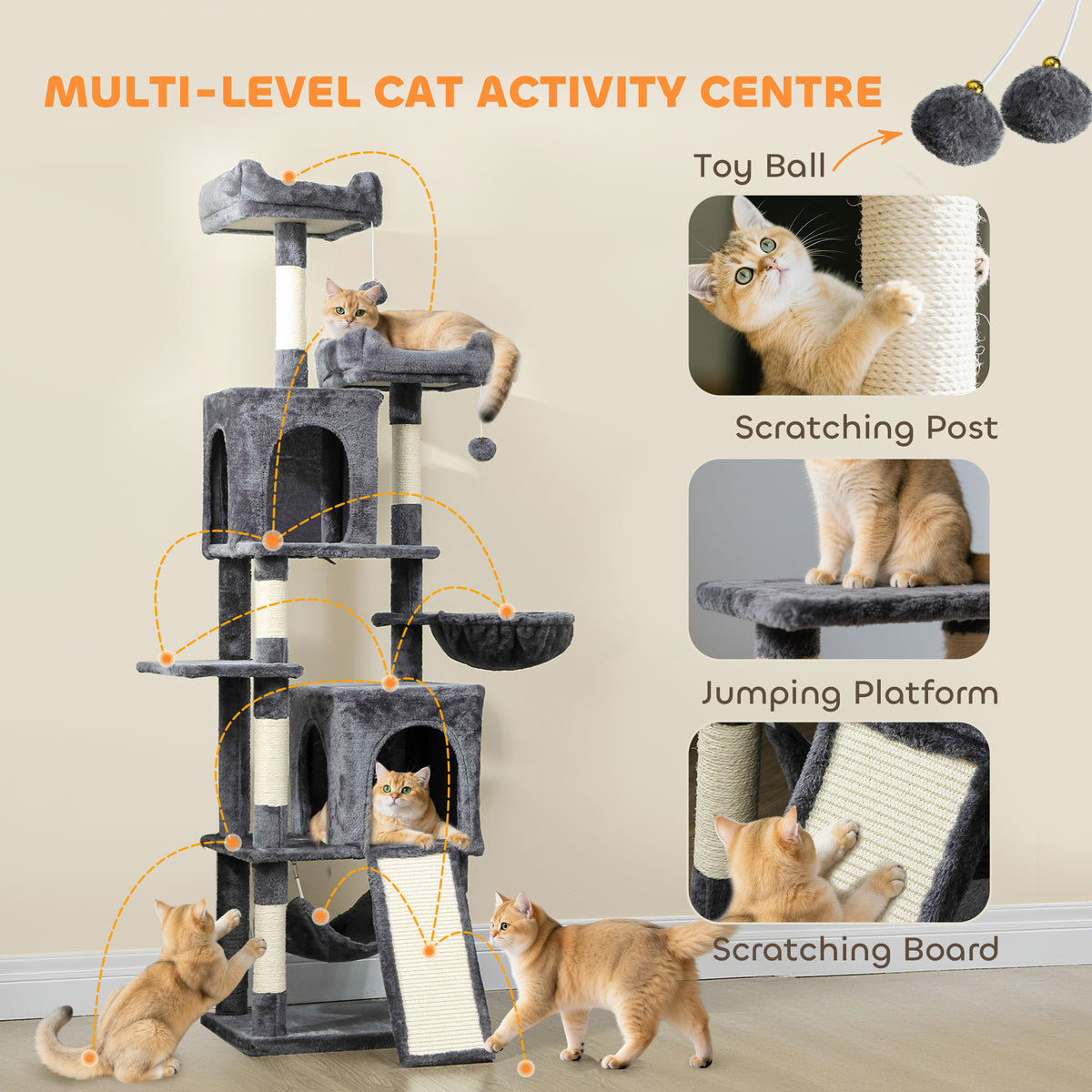 70" Multi-Level Cat Tower - Dark Grey with Condos and Hammock-Cats-DECOROLALA