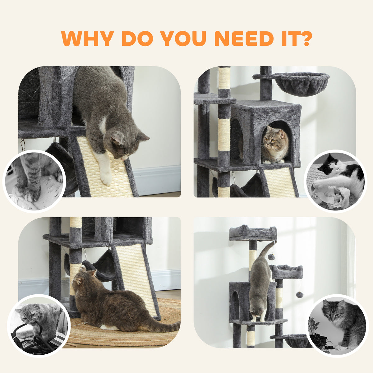 70" Multi-Level Cat Tower - Dark Grey with Condos and Hammock-Cats-DECOROLALA