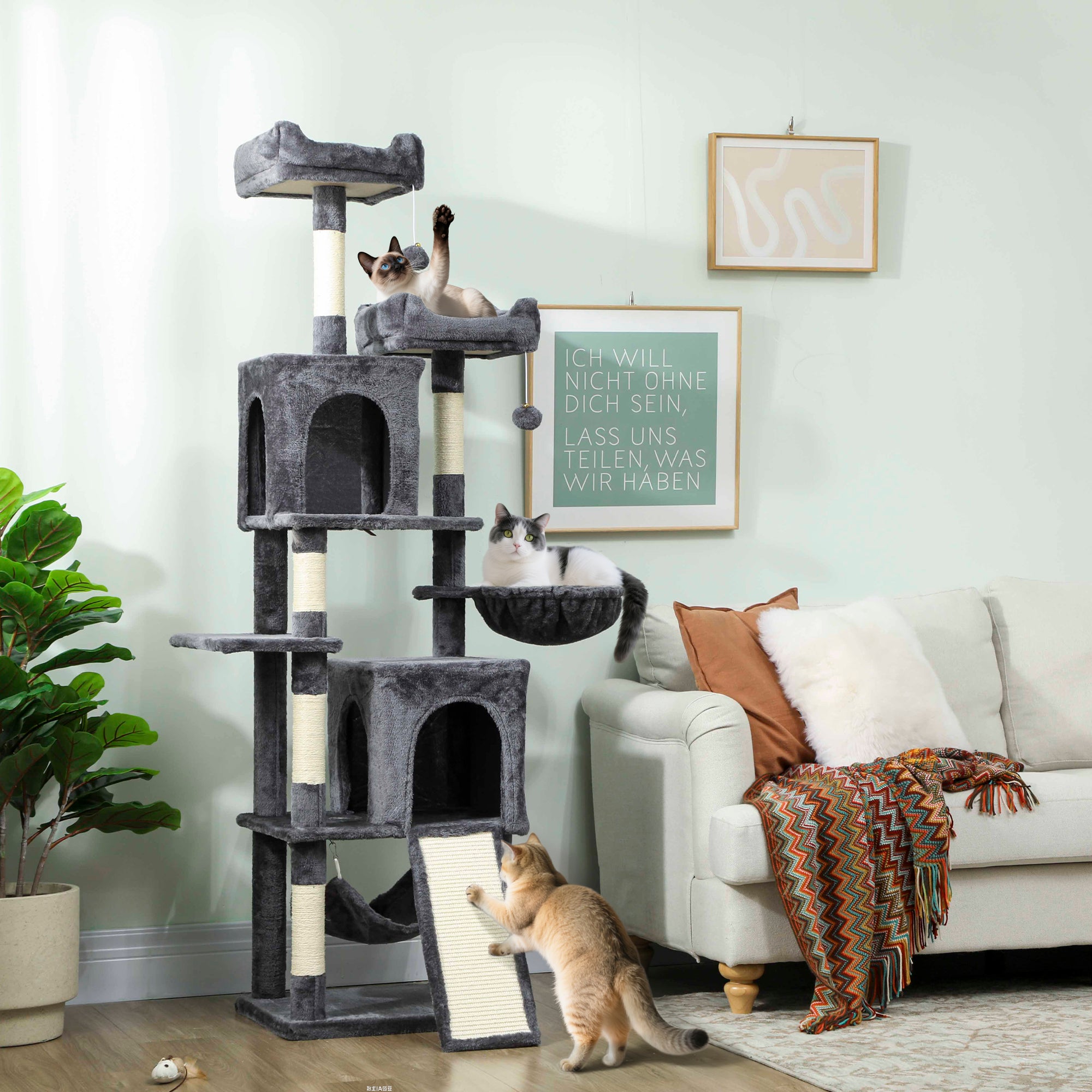 70" Multi-Level Cat Tower - Dark Grey with Condos and Hammock-Cats-DECOROLALA