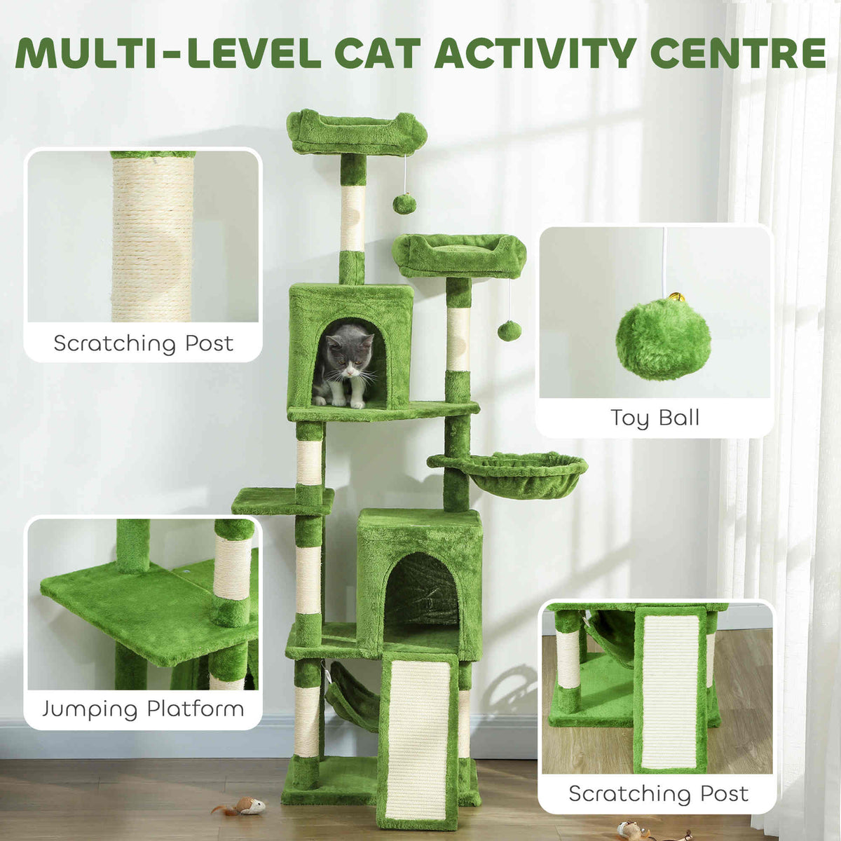70" Multi-Level Cat Tower with Condos and Hammock - Green-Cats-DECOROLALA