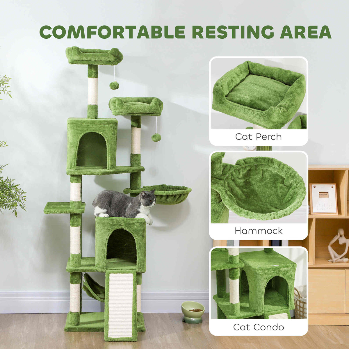 70" Multi-Level Cat Tower with Condos and Hammock - Green-Cats-DECOROLALA