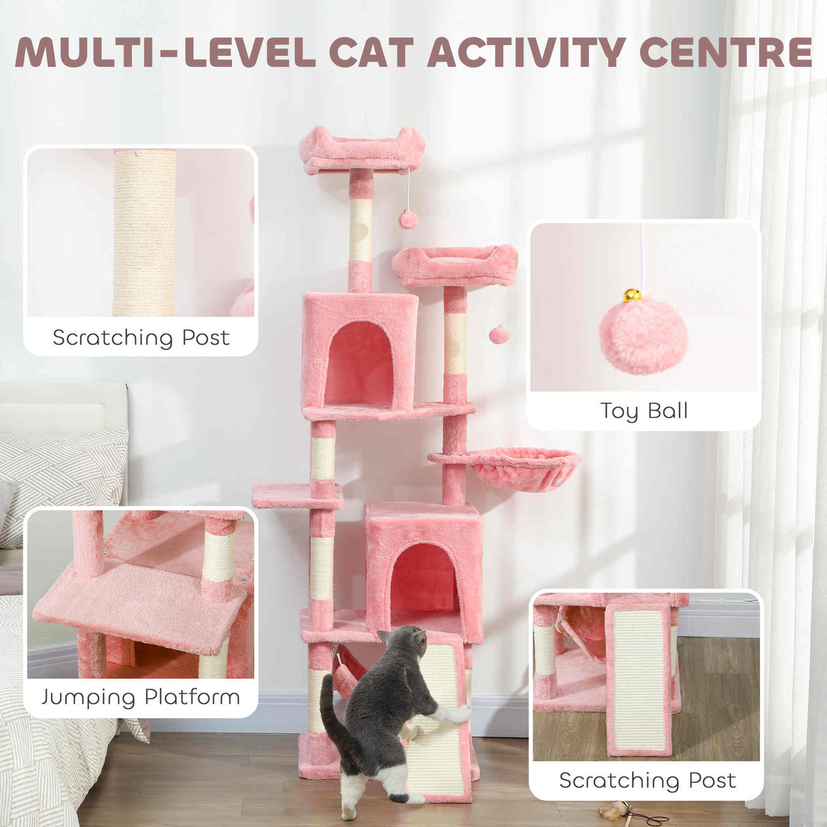 70" Multi-Level Cat Tower with Condos and Hammock - Pink-Cats-DECOROLALA