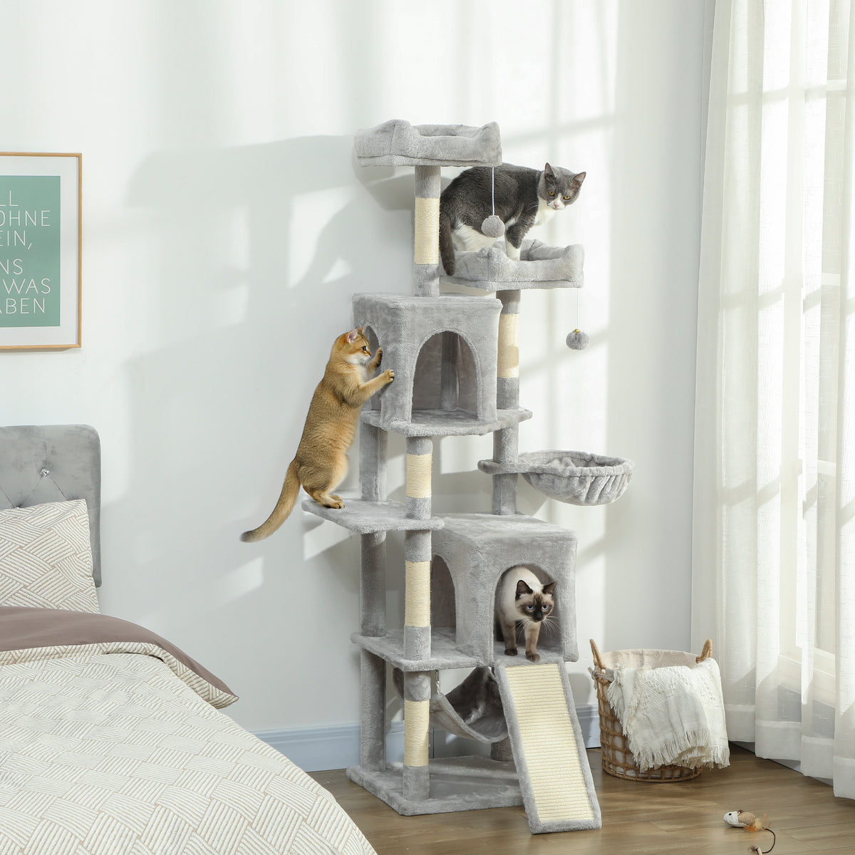 70" Multi-Level Cat Tree Tower with Condos - Light Grey-Cat Supplies-DECOROLALA