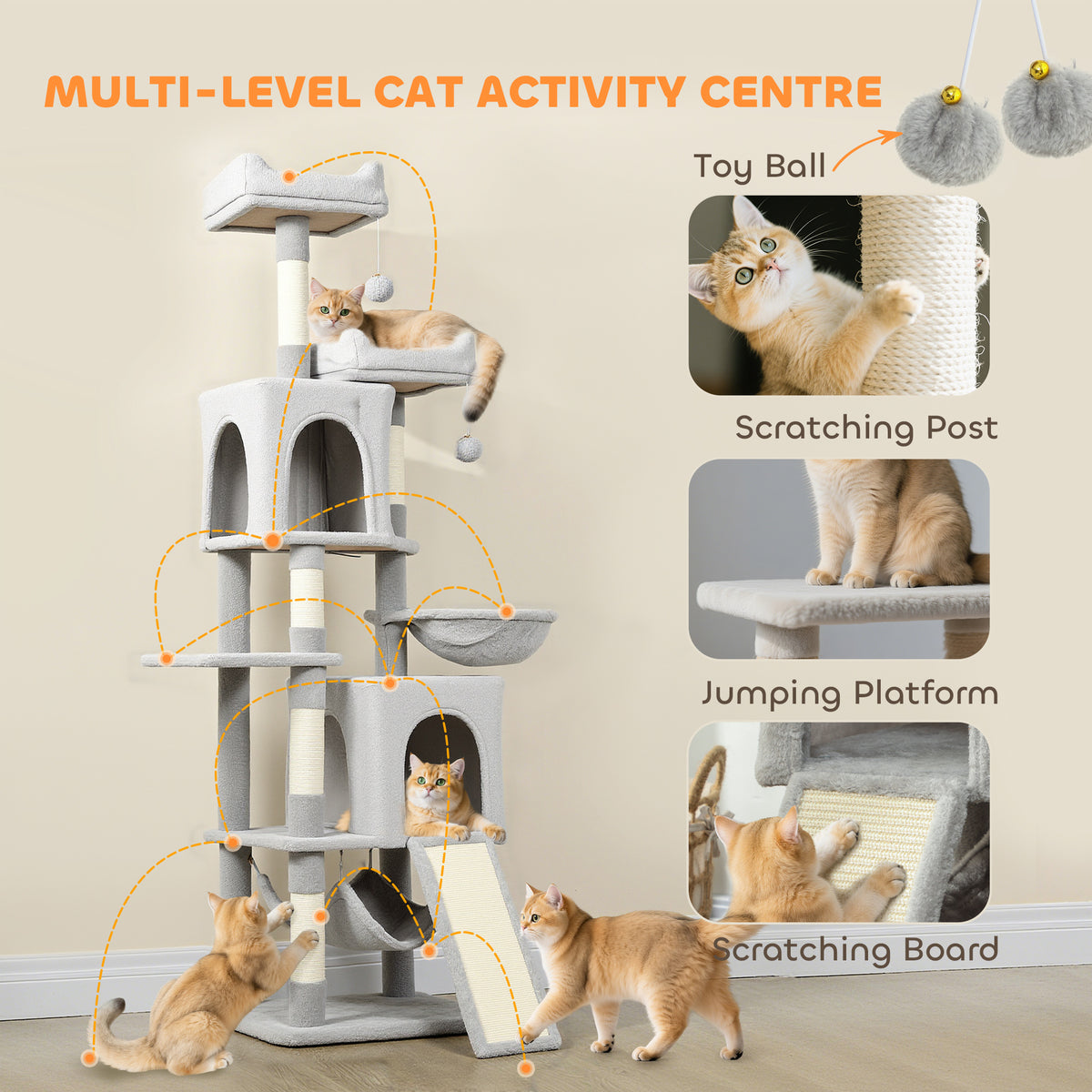 70" Multi-Level Cat Tree Tower with Condos - Light Grey-Cats-DECOROLALA
