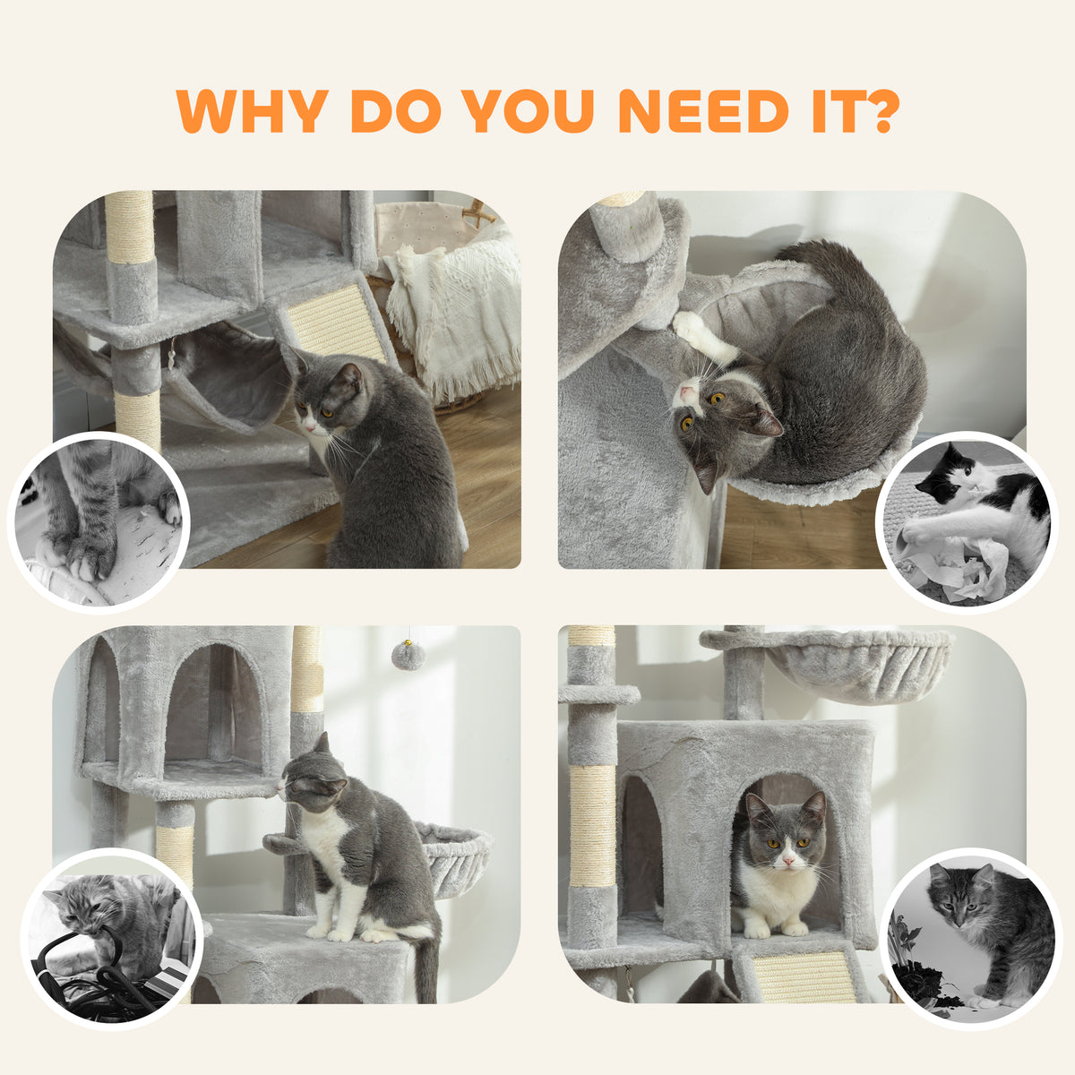 70" Multi-Level Cat Tree Tower with Condos - Light Grey-Cats-DECOROLALA