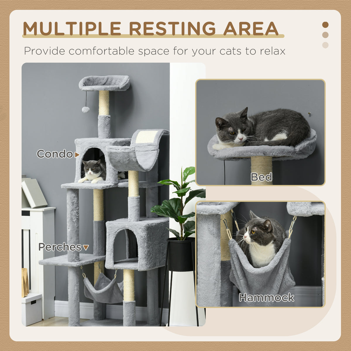 70" Multi-Level Cat Tree with Hammock & Condo - Bluish Grey-Cats-DECOROLALA
