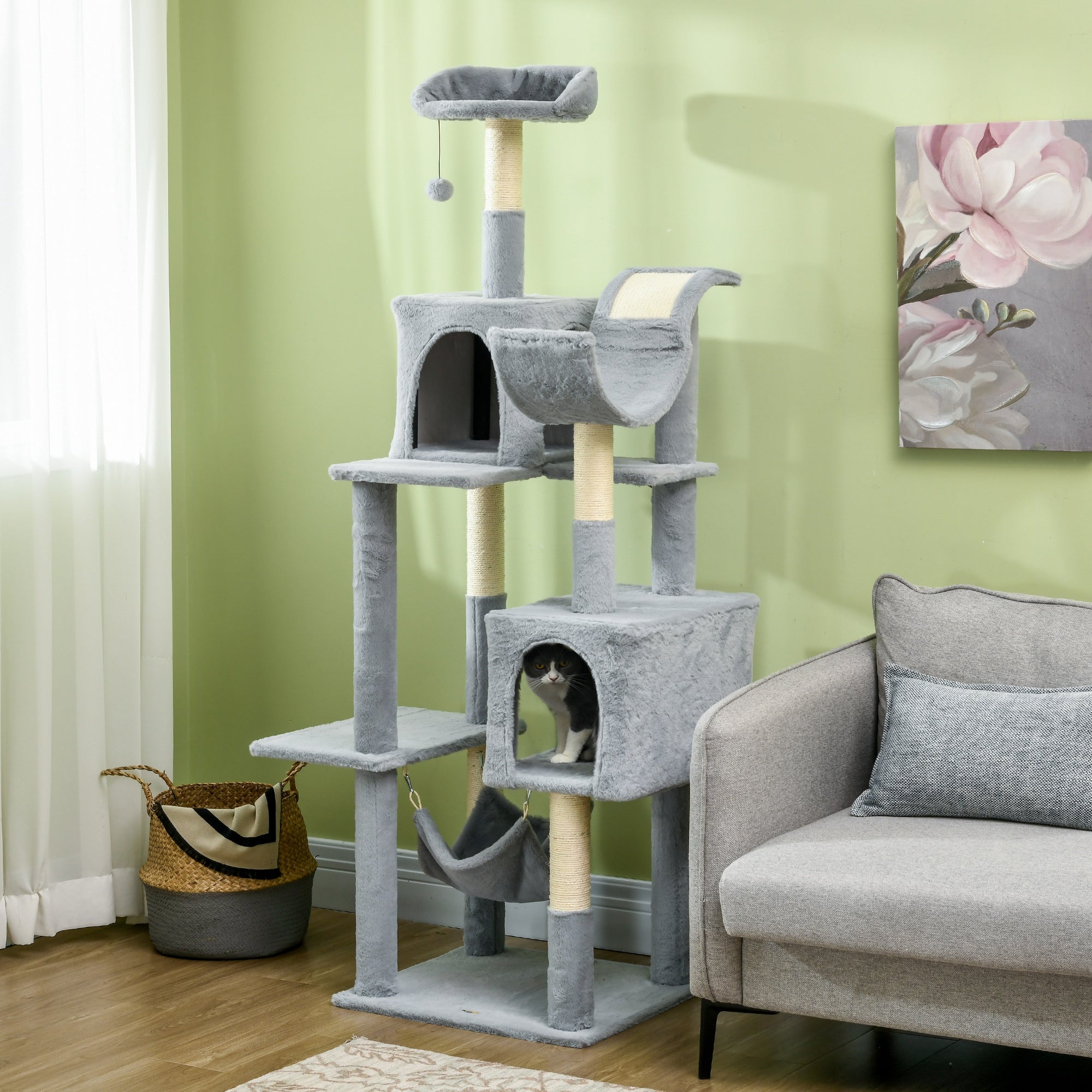 70" Multi-Level Cat Tree with Hammock & Condo - Bluish Grey-Cats-DECOROLALA