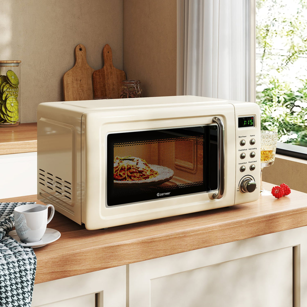 700W Retro Countertop Microwave Oven with 5 Micro Power and Auto Cooking Function-Cream White-Toaster Ovens-DECOROLALA
