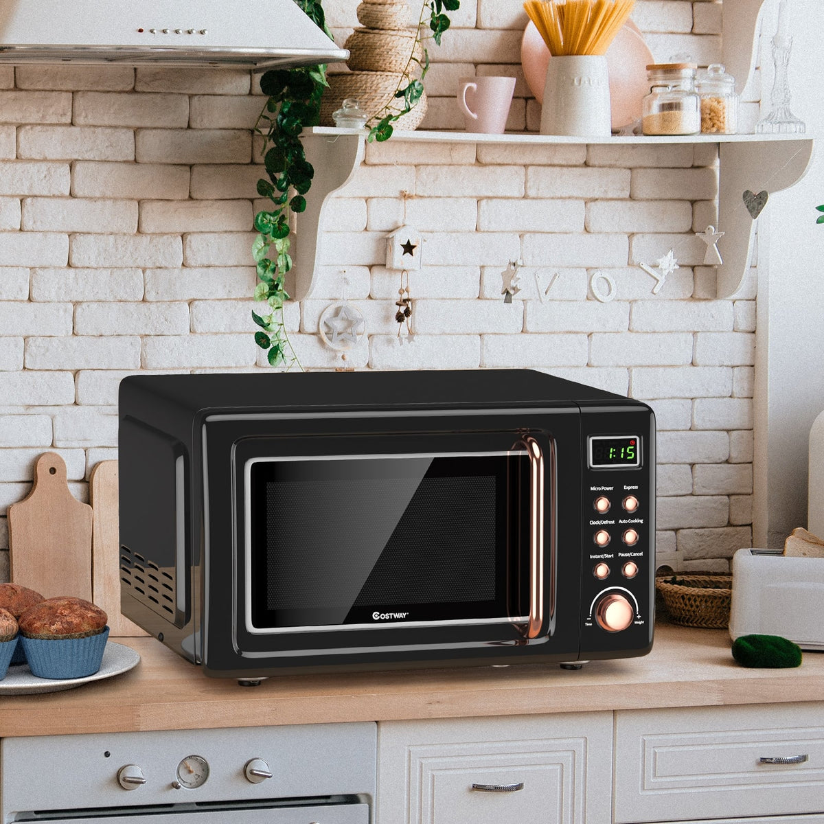 700W Retro Countertop Microwave Oven with 5 Micro Power and Auto Cooking Function-Golden-Toaster Ovens-DECOROLALA