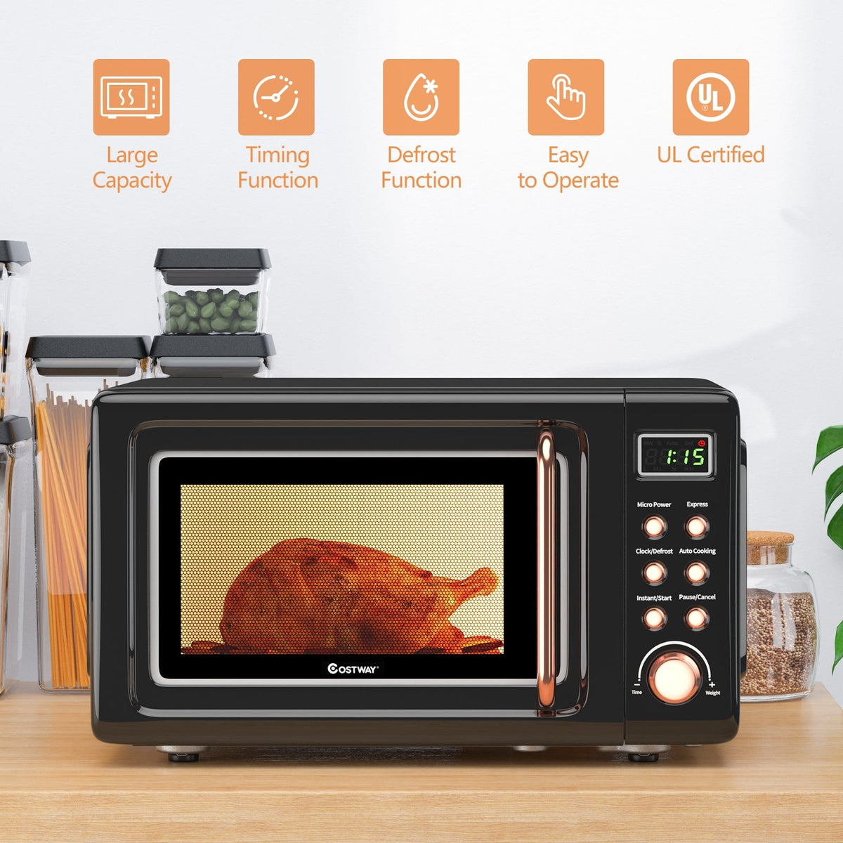 700W Retro Countertop Microwave Oven with 5 Micro Power and Auto Cooking Function-Golden-Toaster Ovens-DECOROLALA