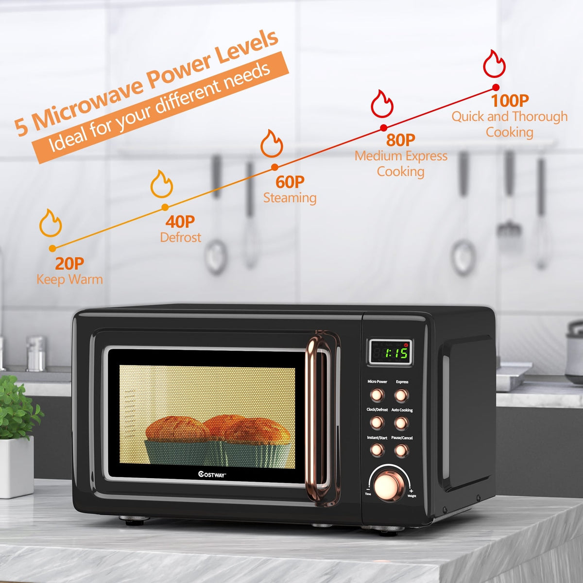 700W Retro Countertop Microwave Oven with 5 Micro Power and Auto Cooking Function-Golden-Toaster Ovens-DECOROLALA