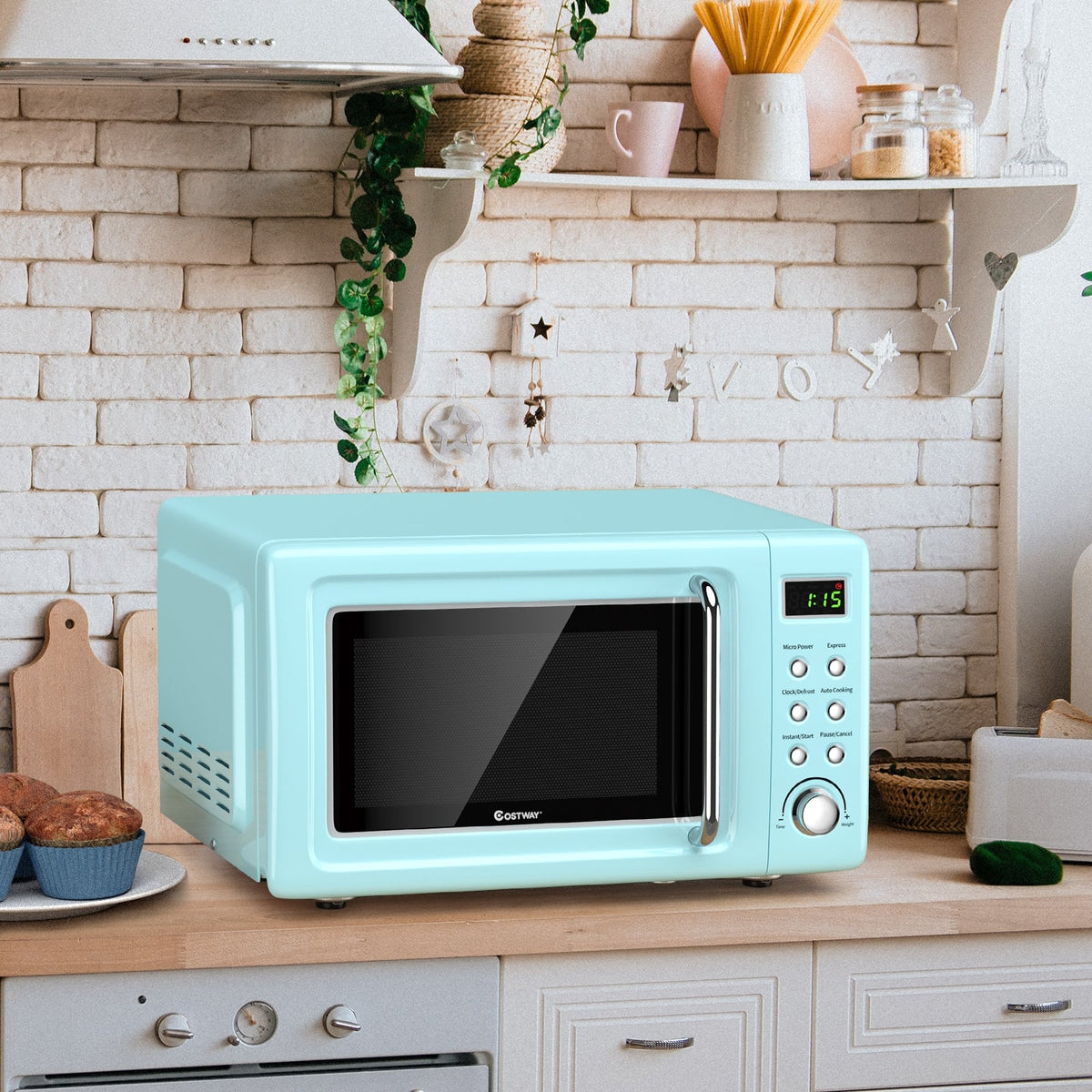 700W Retro Countertop Microwave Oven with 5 Micro Power and Auto Cooking Function-Green-Toaster Ovens-DECOROLALA