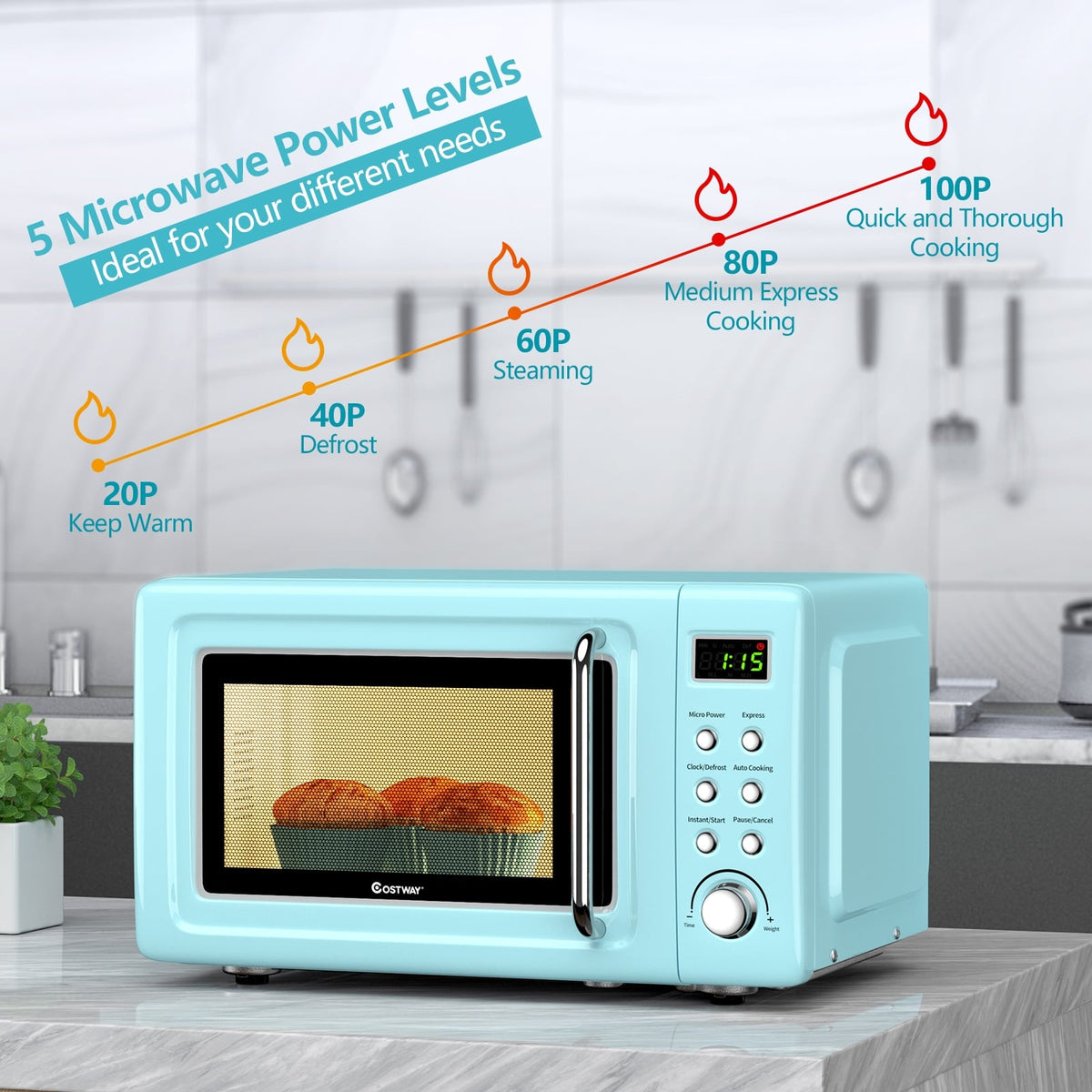 700W Retro Countertop Microwave Oven with 5 Micro Power and Auto Cooking Function-Green-Toaster Ovens-DECOROLALA