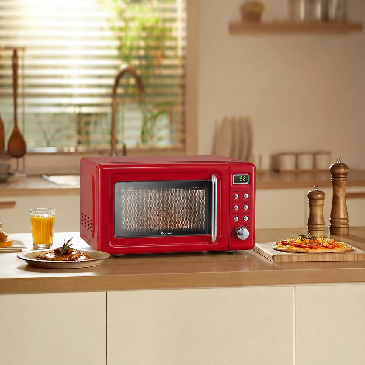 700W Retro Countertop Microwave Oven with 5 Micro Power and Auto Cooking Function-Light Red-Toaster Ovens-DECOROLALA