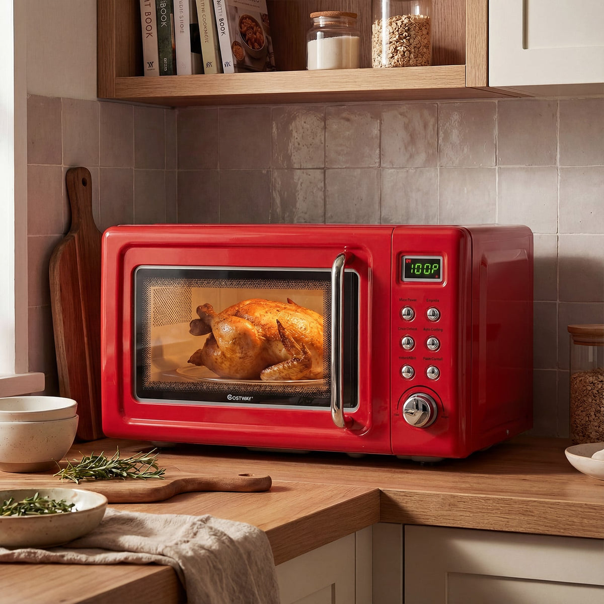 700W Retro Countertop Microwave Oven with 5 Micro Power and Auto Cooking Function-Light Red-Toaster Ovens-DECOROLALA