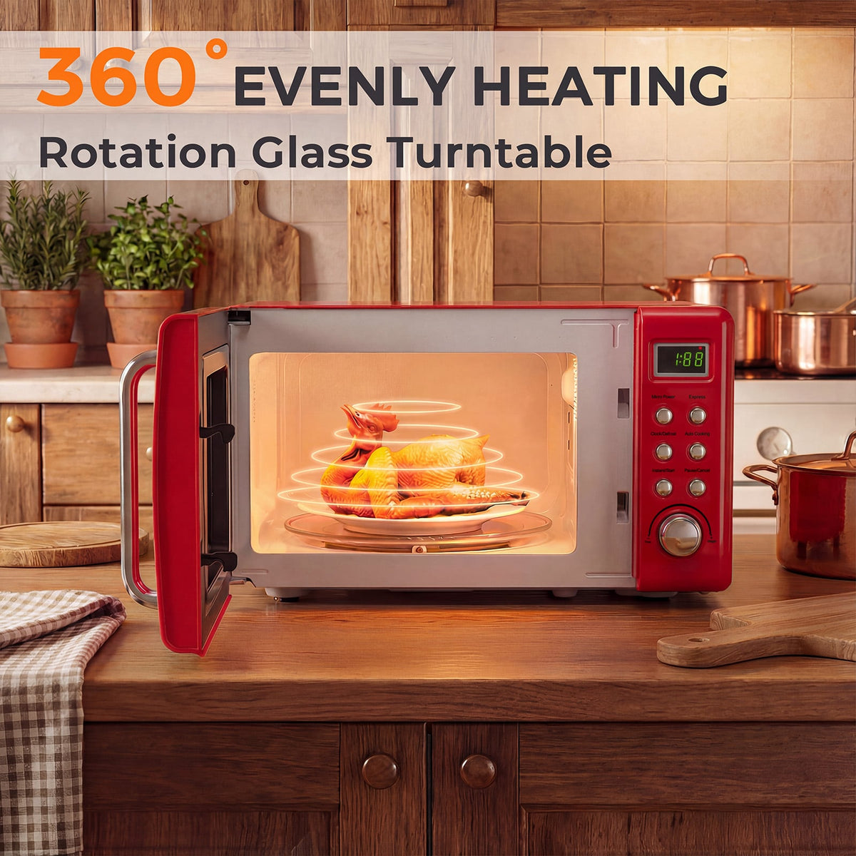 700W Retro Countertop Microwave Oven with 5 Micro Power and Auto Cooking Function-Light Red-Toaster Ovens-DECOROLALA