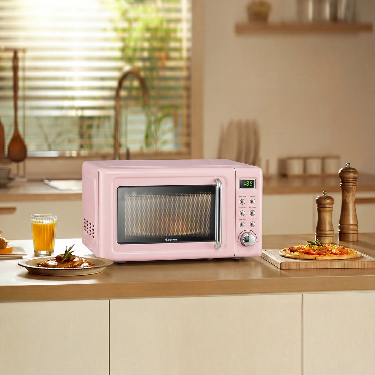 700W Retro Countertop Microwave Oven with 5 Micro Power and Auto Cooking Function-Pink-Toaster Ovens-DECOROLALA