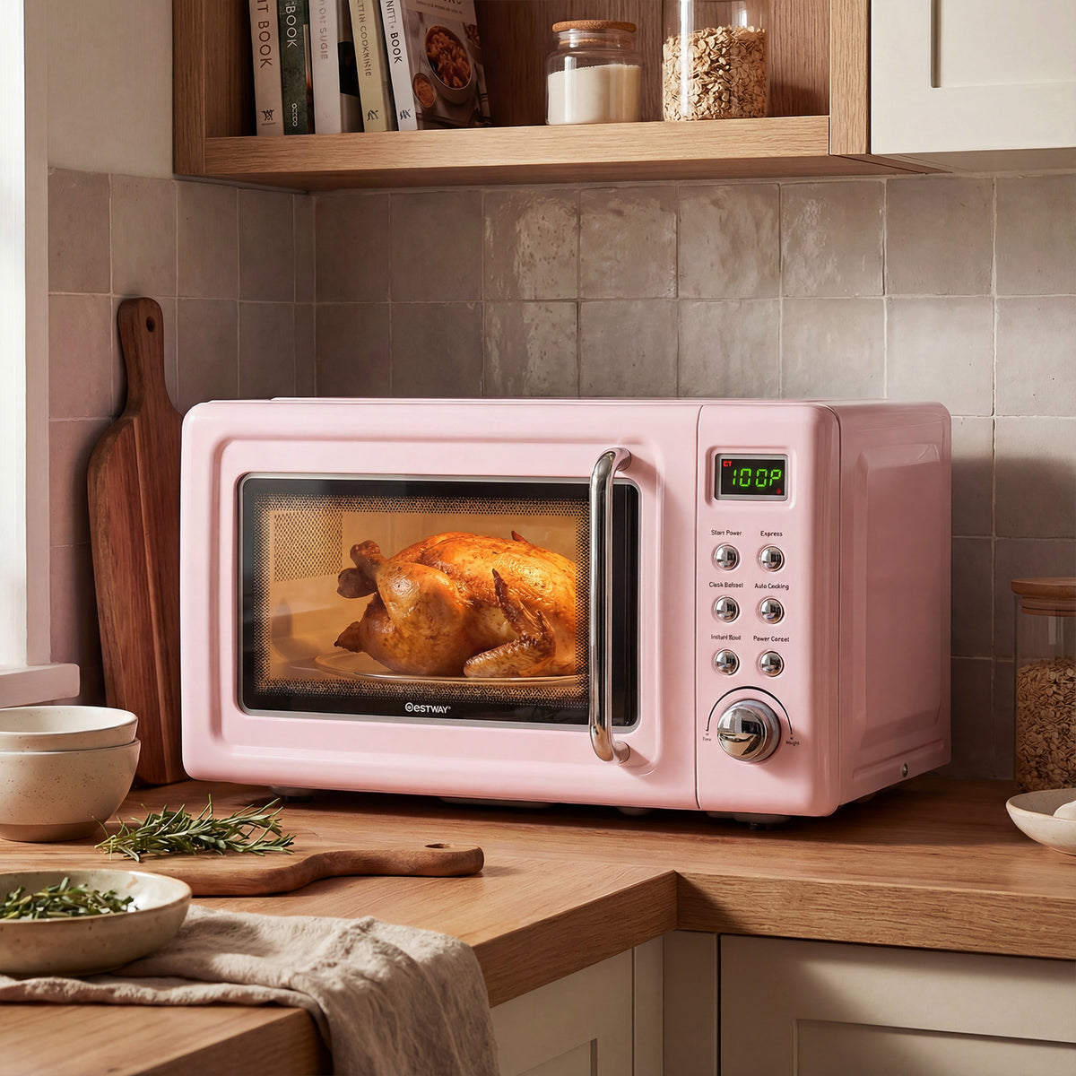 700W Retro Countertop Microwave Oven with 5 Micro Power and Auto Cooking Function-Pink-Toaster Ovens-DECOROLALA