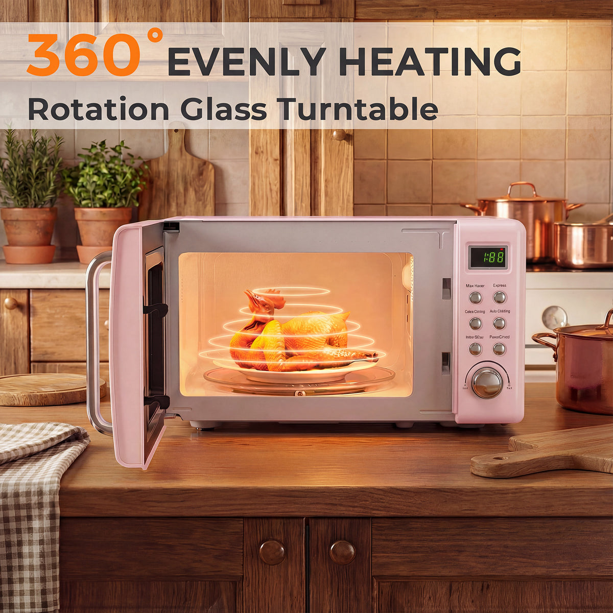 700W Retro Countertop Microwave Oven with 5 Micro Power and Auto Cooking Function-Pink-Toaster Ovens-DECOROLALA