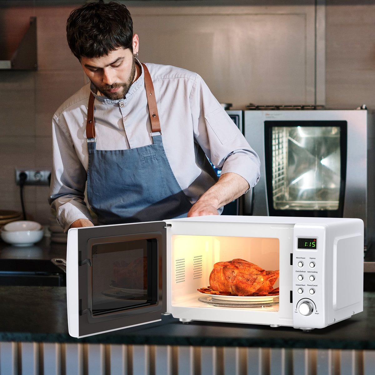 700W Retro Countertop Microwave Oven with 5 Micro Power and Auto Cooking Function-White-Toaster Ovens-DECOROLALA