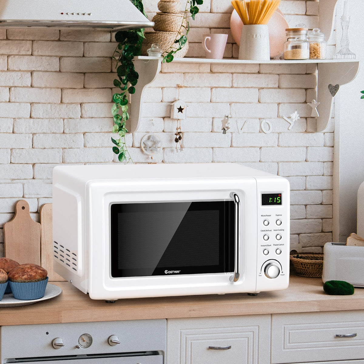 700W Retro Countertop Microwave Oven with 5 Micro Power and Auto Cooking Function-White-Toaster Ovens-DECOROLALA