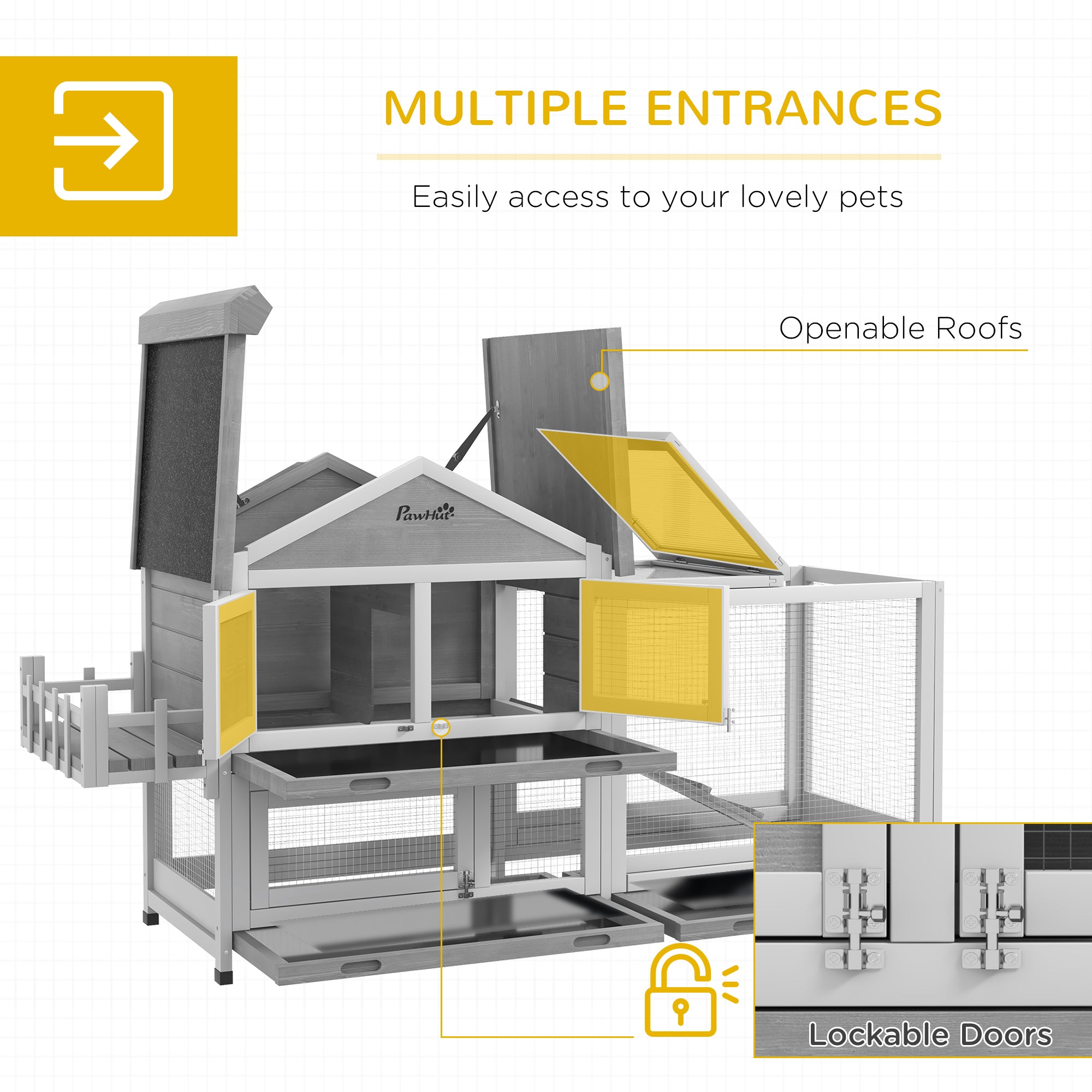 65" Wooden Rabbit Hutch, Pet Playpen with Openable Roof, Storage Box, for Rabbits and Small Animals, Grey