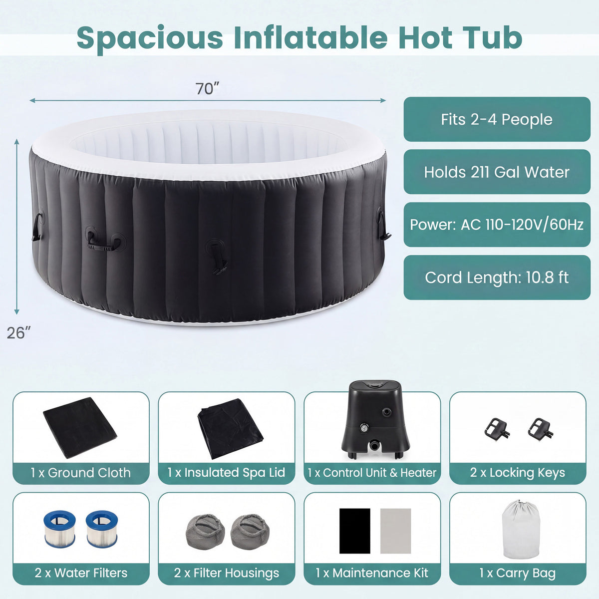 70/80 Inches Round SPA Pool Hottub with 110/130 Air Jets Electric Heater Pump-S-Massage & Relaxation Products-DECOROLALA