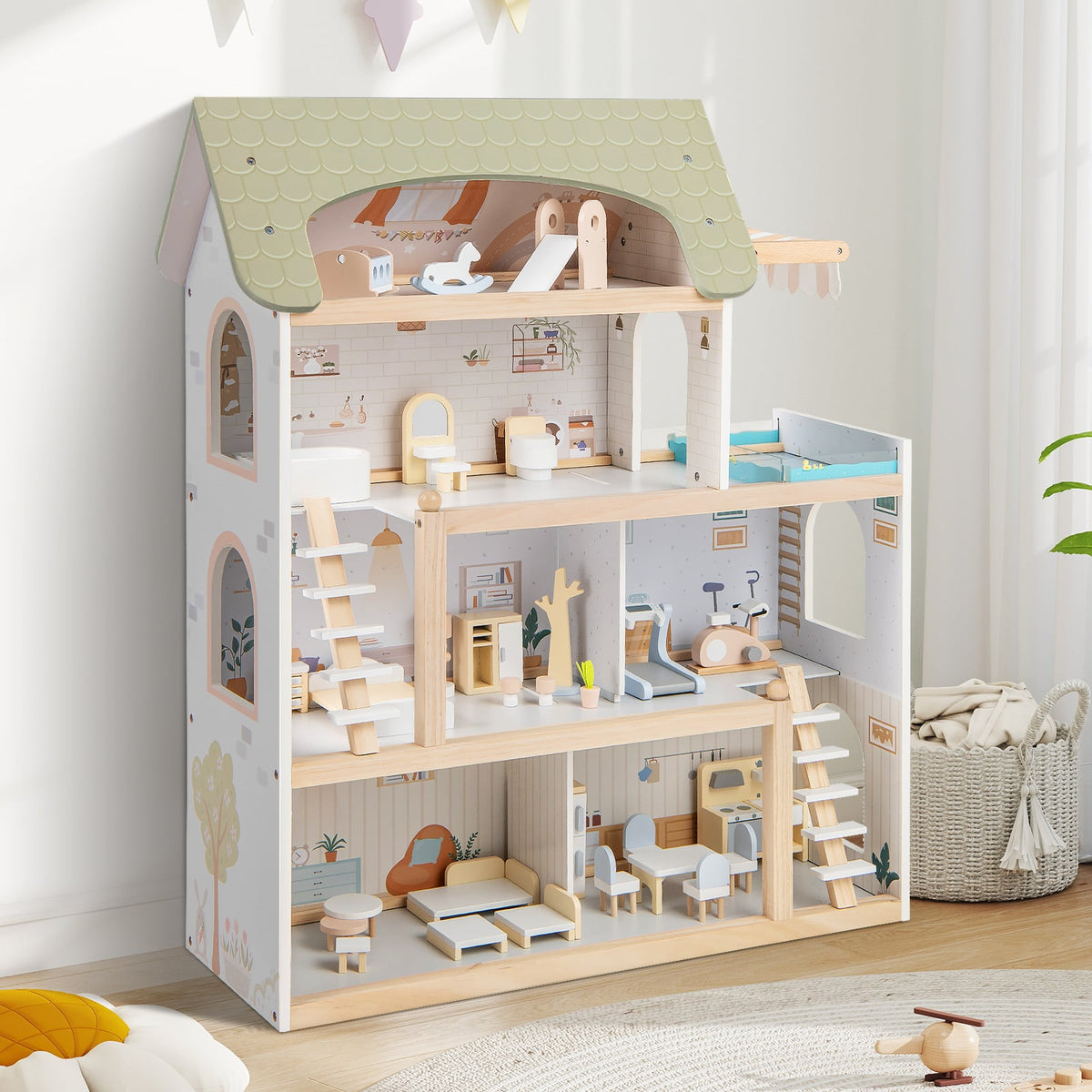 Wooden Dollhouse Kids DIY Pretend Playhouse with 33 PCS Furniture Accessories
