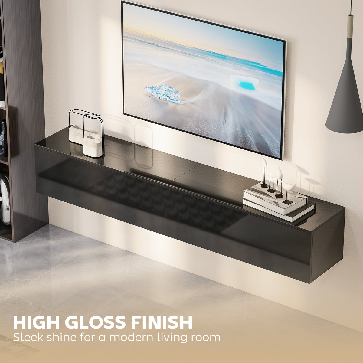 70.9" Floating TV Stand for TVs up to 75" - High Gloss Black-Home Furnishings > Living Room Furniture > TV¬†Stands-DECOROLALA