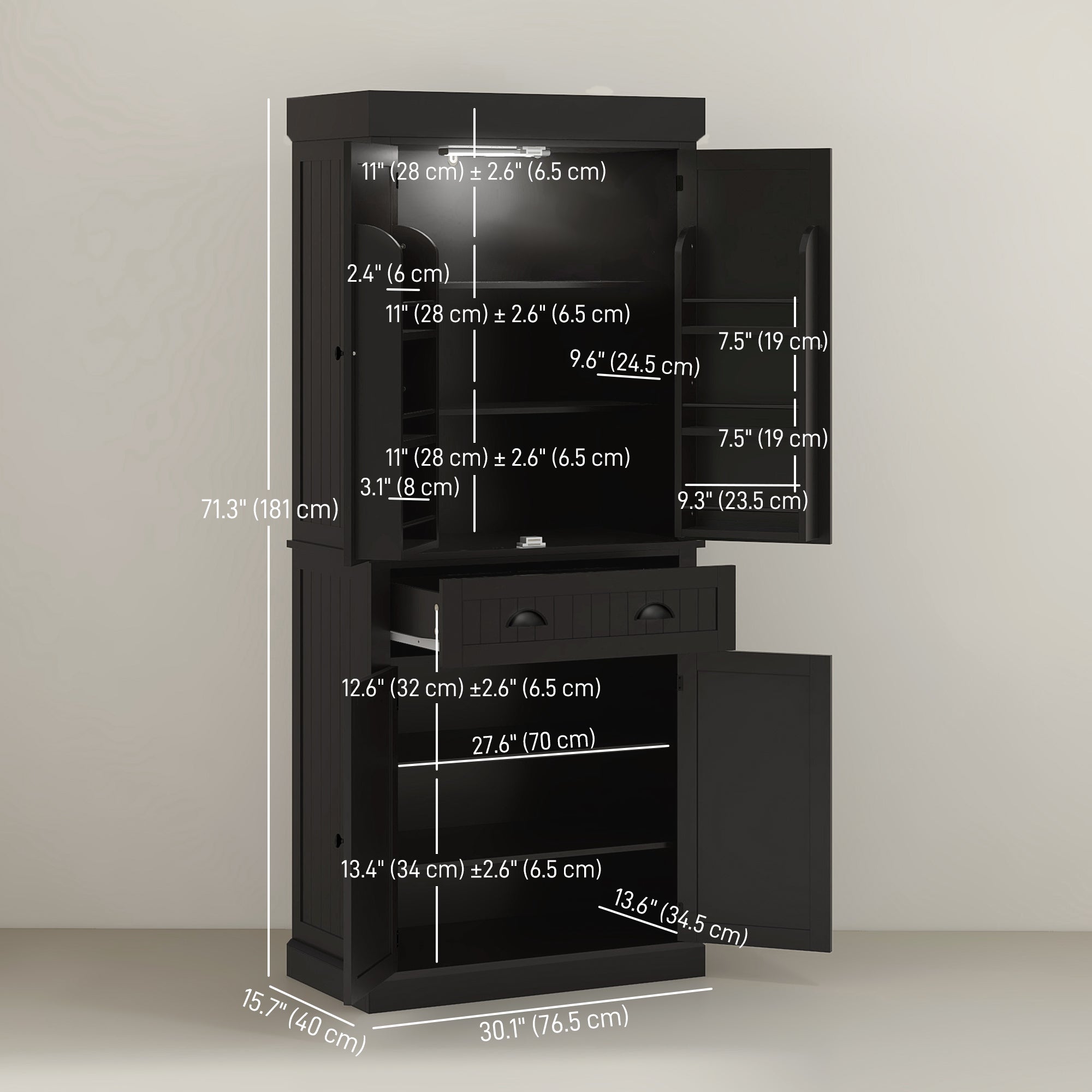 71" Aosom Kitchen Cabinet - LED, 6 Spice Racks, 4 Shelves, Drawer - Black-DECOROLALA