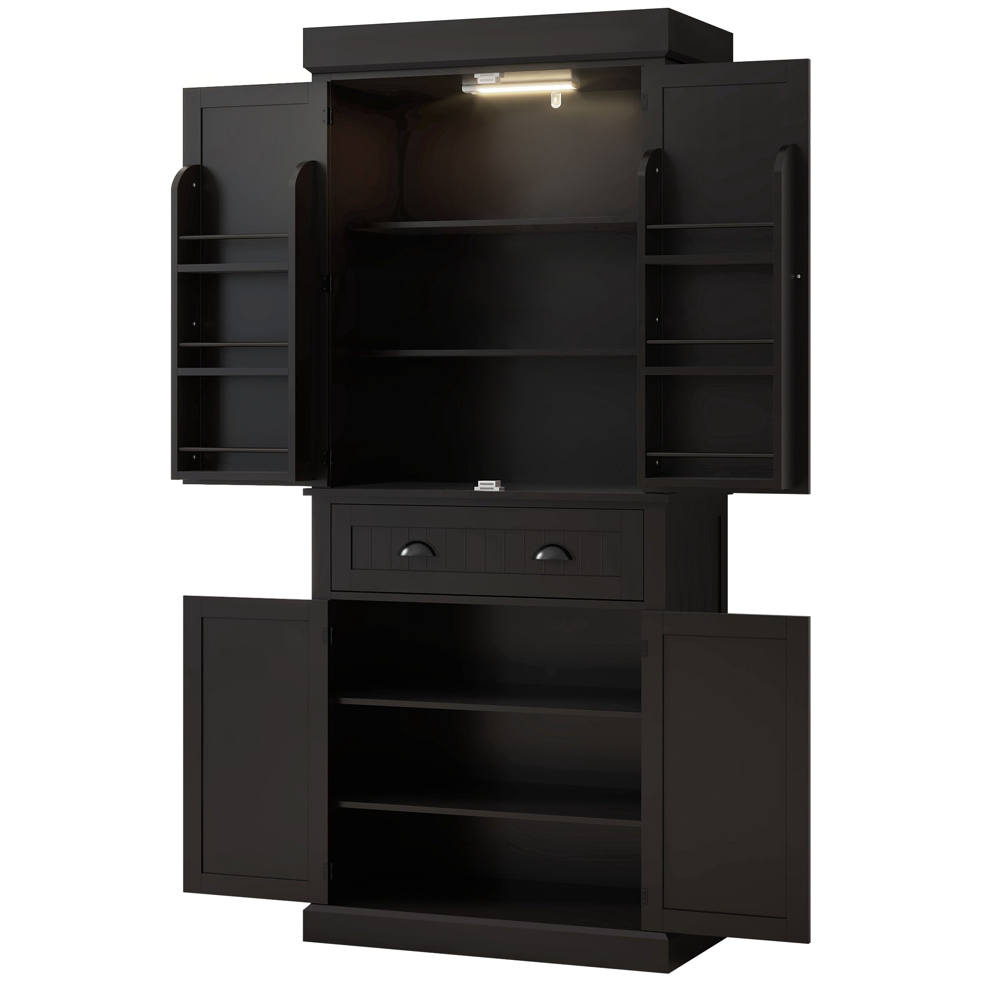 71" Aosom Kitchen Cabinet - LED, 6 Spice Racks, 4 Shelves, Drawer - Black-DECOROLALA