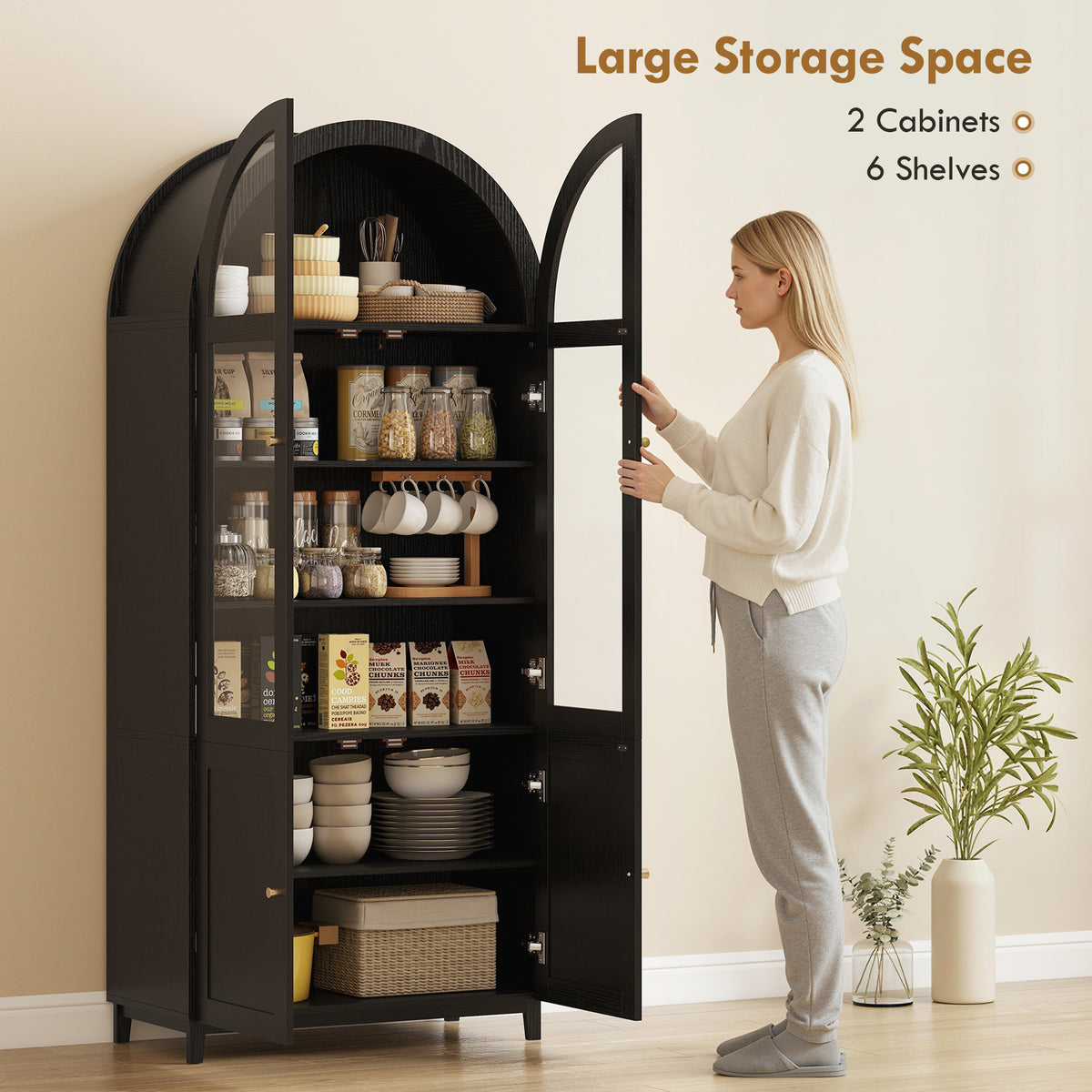 71" Arched Kitchen Pantry Cabinet - Black Farmhouse MDF-Home Furnishings > Storage & Organization > Kitchen Pantry Cabinets-DECOROLALA