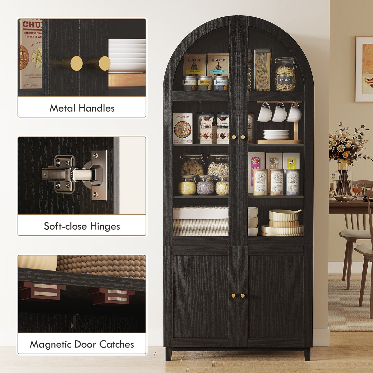 71" Arched Kitchen Pantry Cabinet - Black Farmhouse MDF-Home Furnishings > Storage & Organization > Kitchen Pantry Cabinets-DECOROLALA