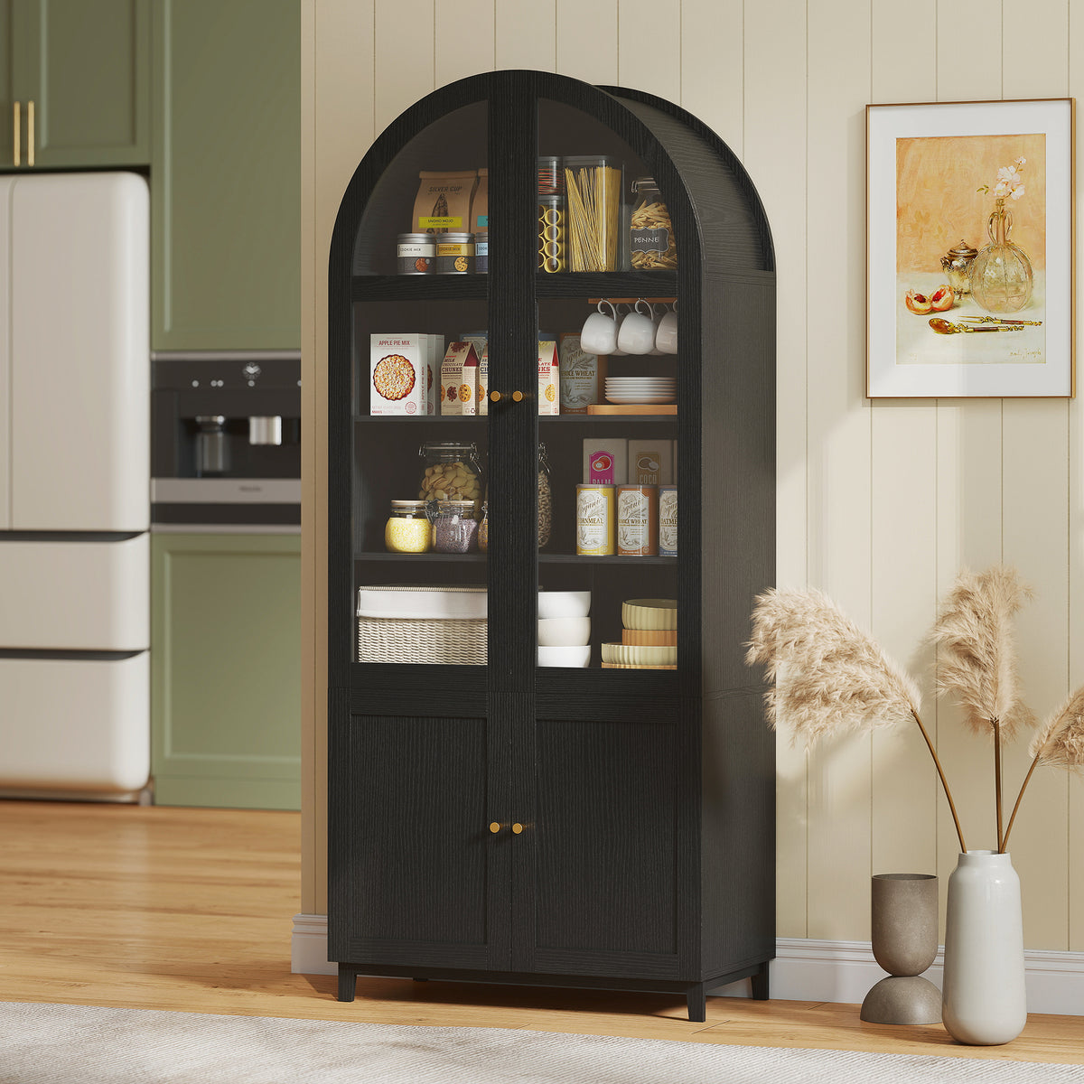 71" Arched Kitchen Pantry Cabinet - Black Farmhouse MDF-Home Furnishings > Storage & Organization > Kitchen Pantry Cabinets-DECOROLALA