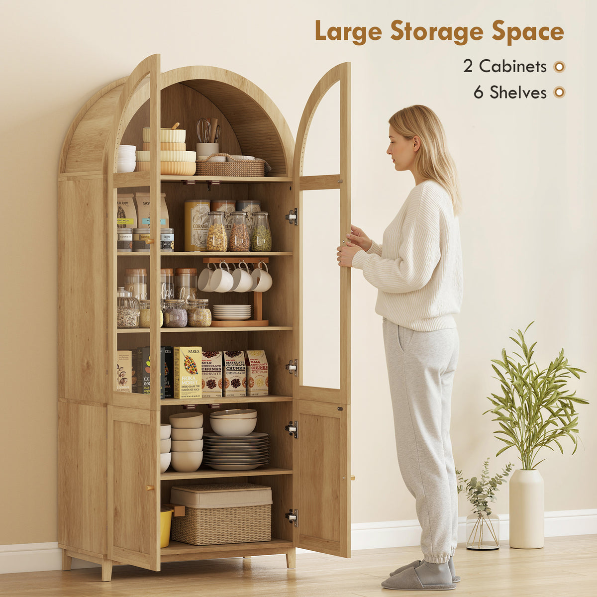 71" Arched Kitchen Pantry Cabinet - Oak Farmhouse Storage-Home Furnishings > Storage & Organization > Kitchen Pantry Cabinets-DECOROLALA