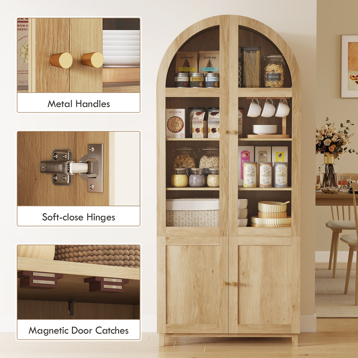 71" Arched Kitchen Pantry Cabinet - Oak Farmhouse Storage-Home Furnishings > Storage & Organization > Kitchen Pantry Cabinets-DECOROLALA