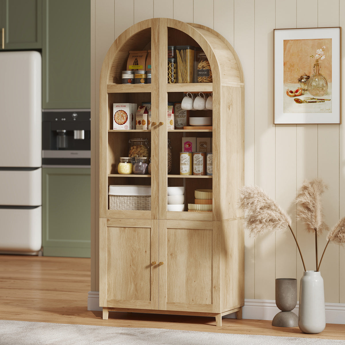 71" Arched Kitchen Pantry Cabinet - Oak Farmhouse Storage-Home Furnishings > Storage & Organization > Kitchen Pantry Cabinets-DECOROLALA