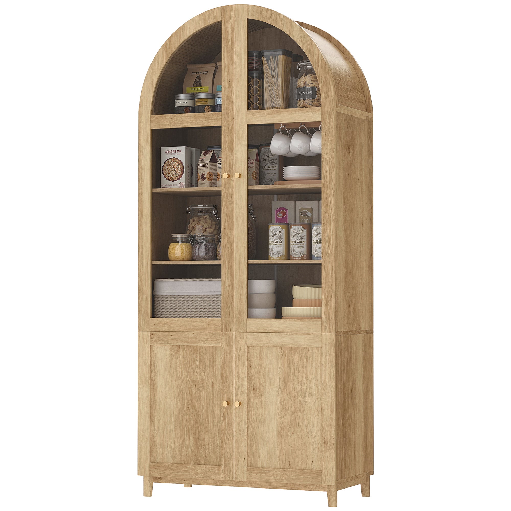 71" Arched Kitchen Pantry Cabinet - Oak Farmhouse Storage-Home Furnishings > Storage & Organization > Kitchen Pantry Cabinets-DECOROLALA