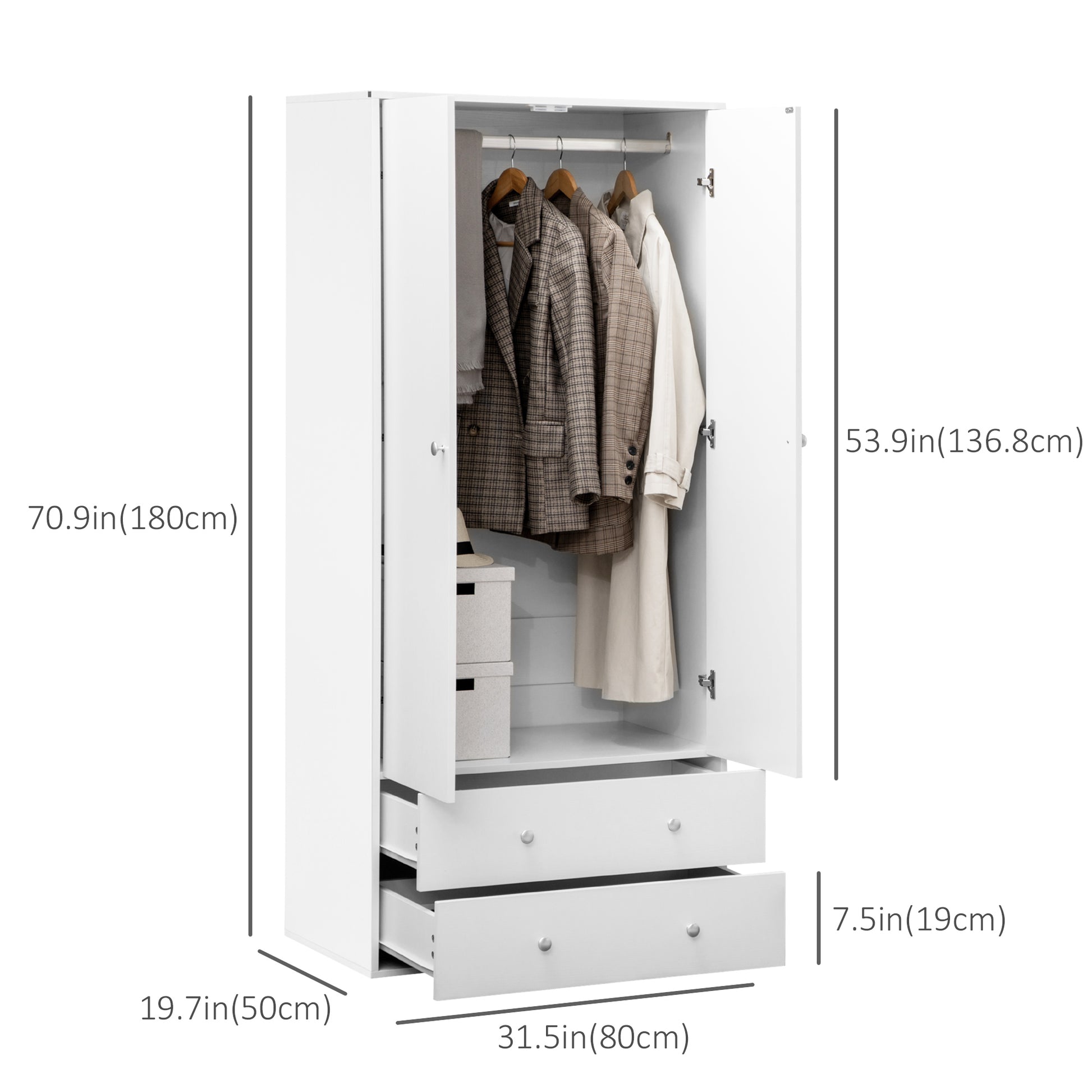71" Armoire Wardrobe Closet with 2 Drawers - White-DECOROLALA