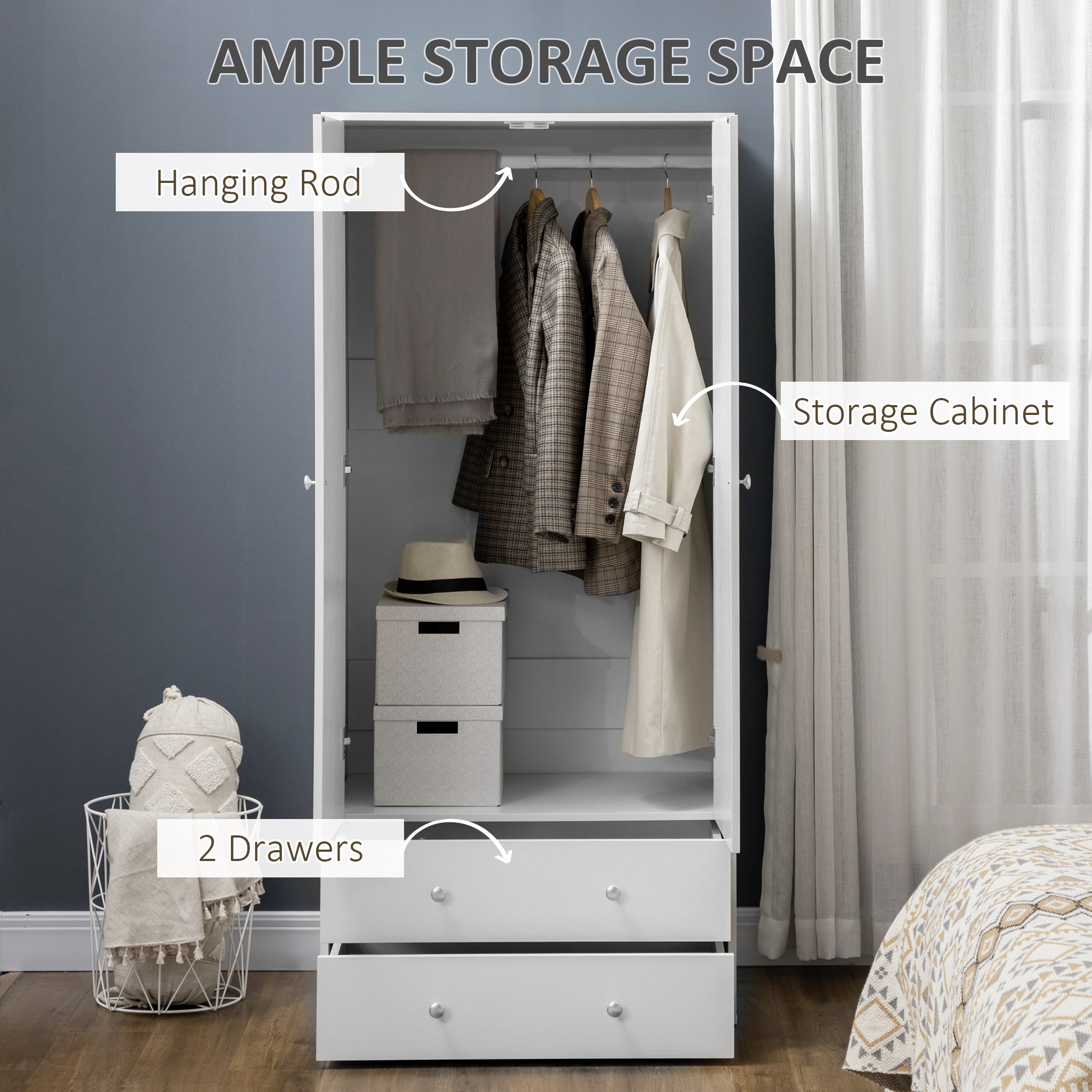 71" Armoire Wardrobe Closet with 2 Drawers - White-DECOROLALA