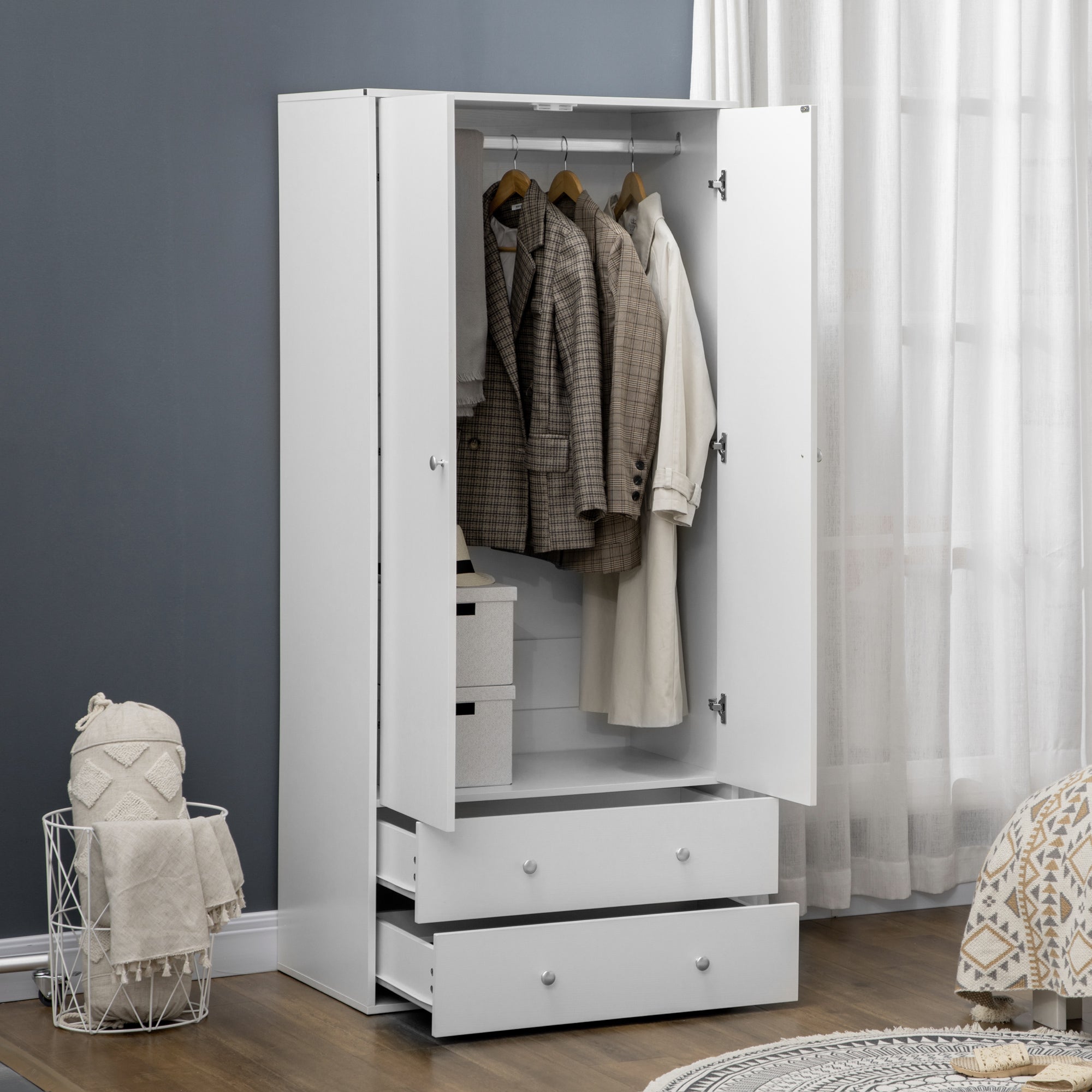71" Armoire Wardrobe Closet with 2 Drawers - White-DECOROLALA