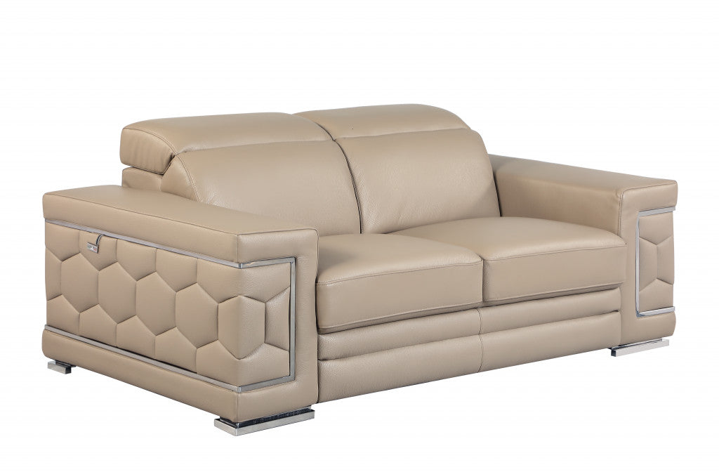 71" Beige And Silver Genuine Leather Love Seat-Love Seats-DECOROLALA